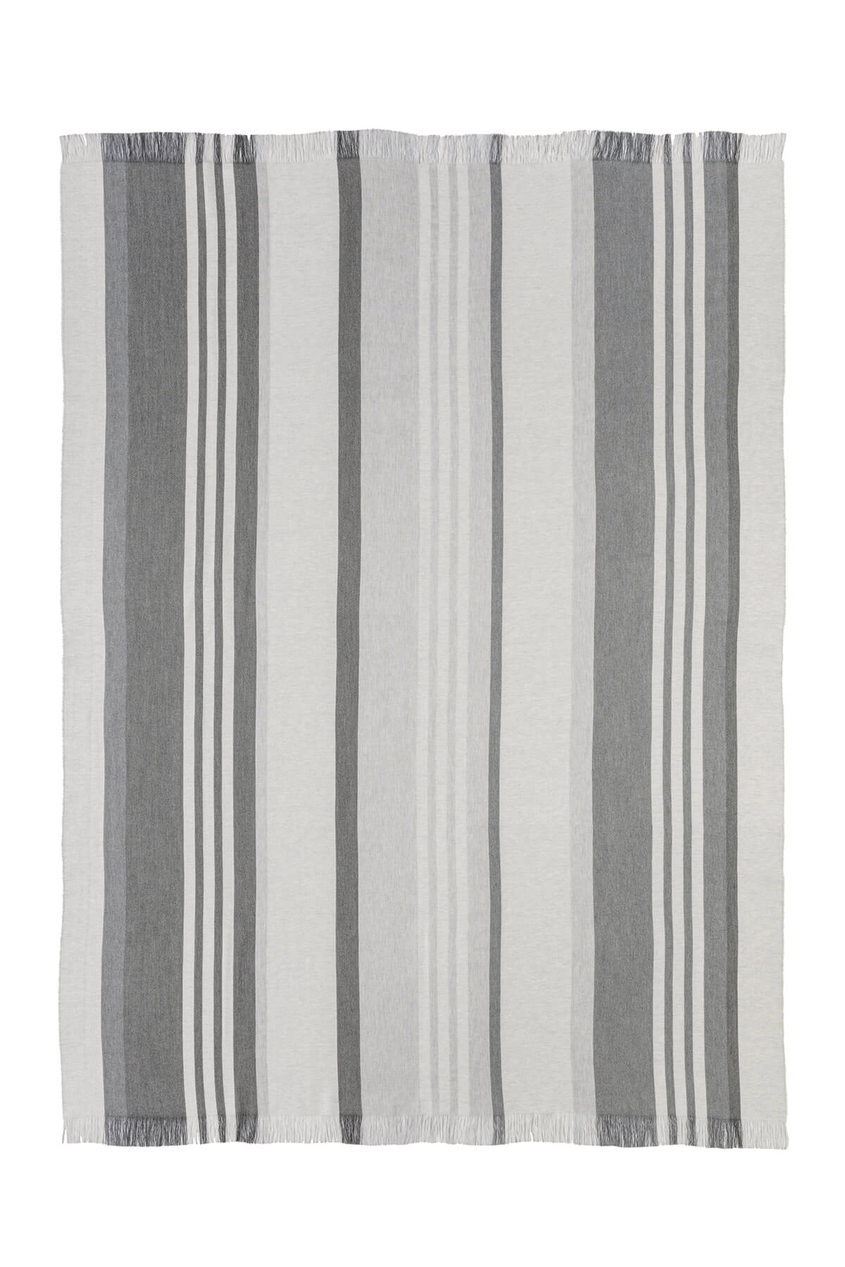 Johnstons of Elgin’s Bold Stripe Grey Merino Throw on brown chair on a white background WD000257RU6994ONE