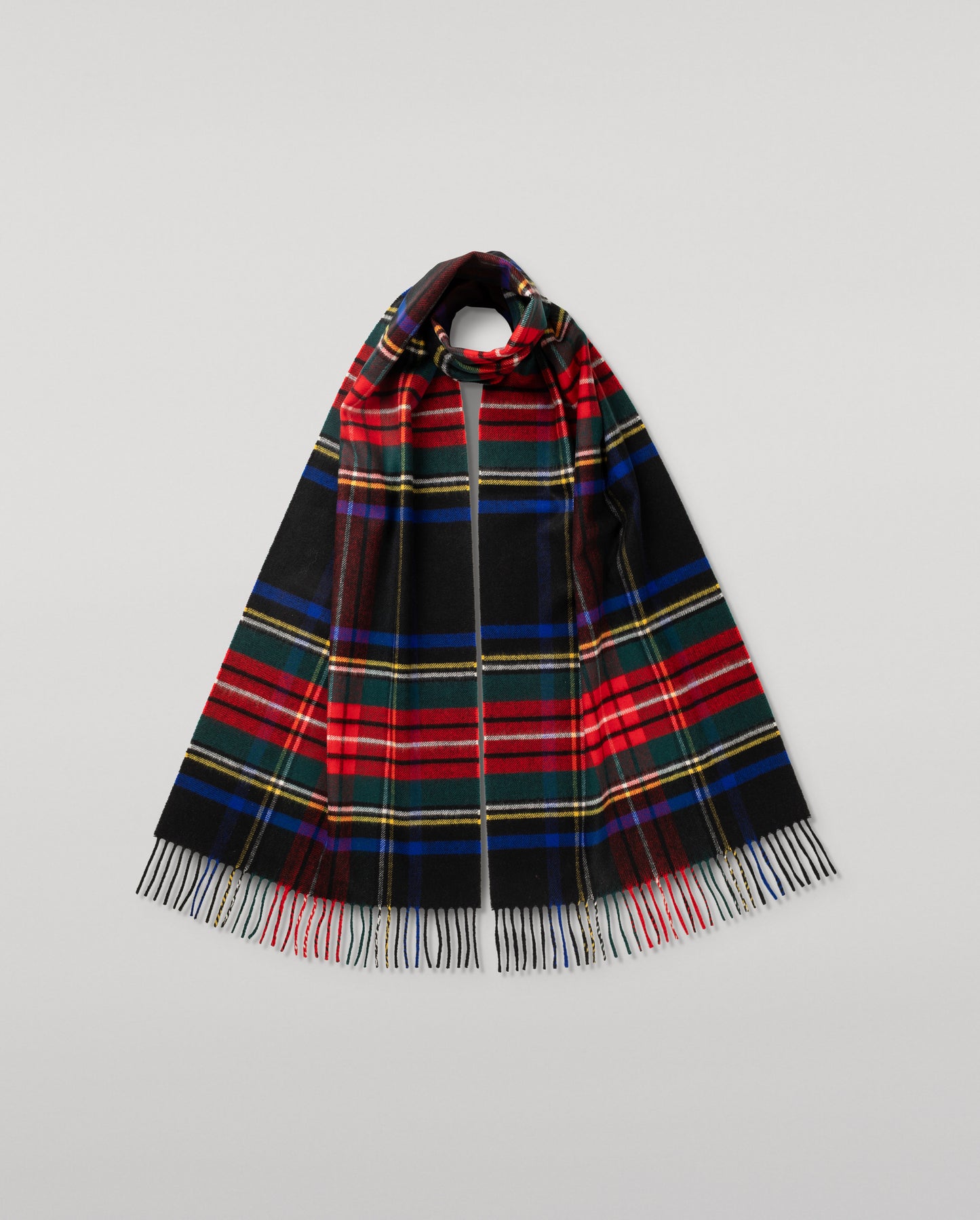 Johnstons of Elgin Ultrafine Merino Tartan Scarf in Black Stewart on a white background WDC01797KU0324ONE