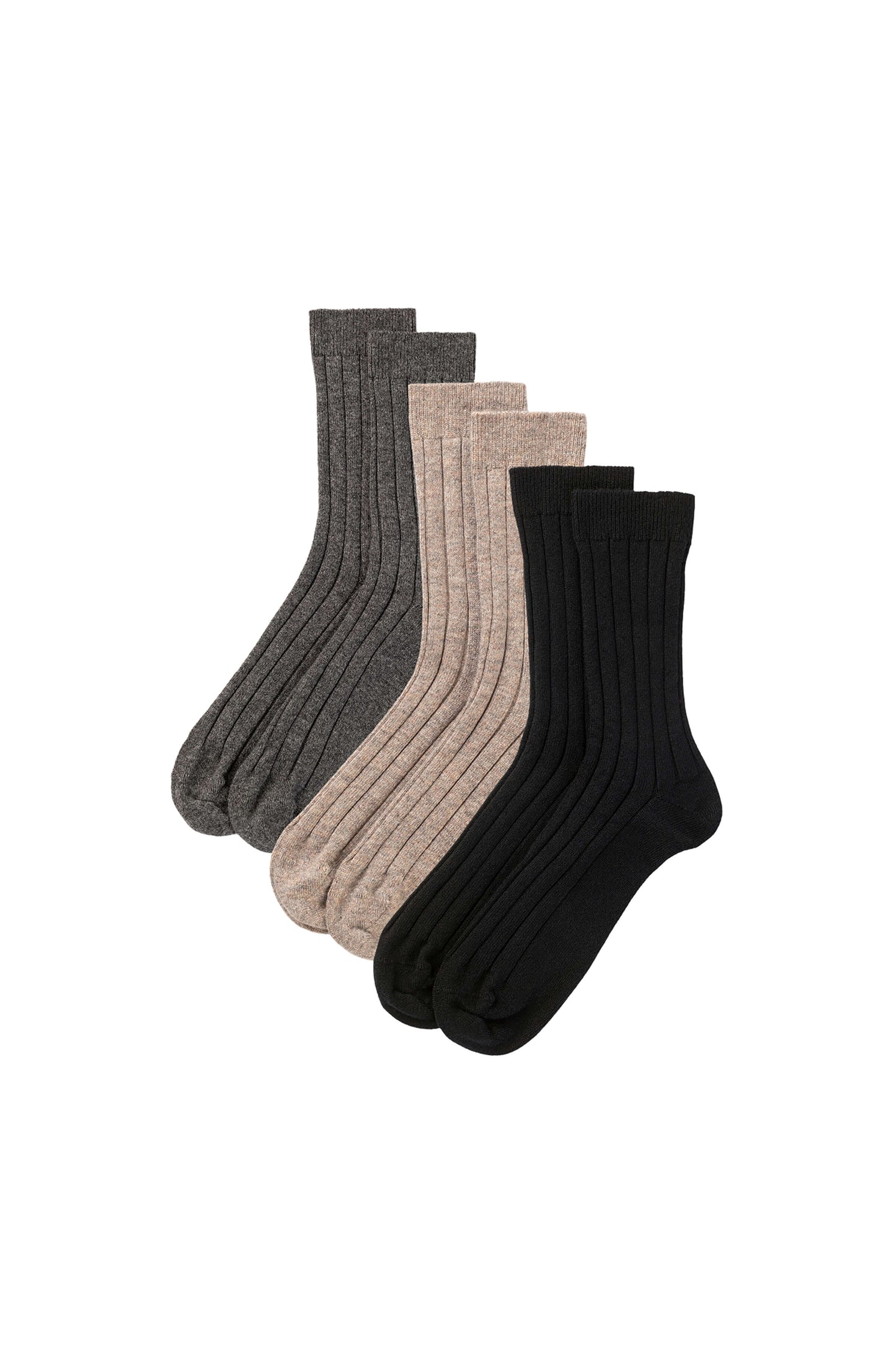 Johnstons of Elgin set of three pairs of cashmere socks in black, beige, and grey on a white background 2025GIFTSET2