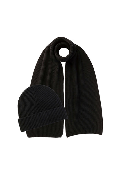 Johnstons of Elgin Ribbed Cashmere Black Scarf & Beanie Gift Set 2025GIFTSET7B