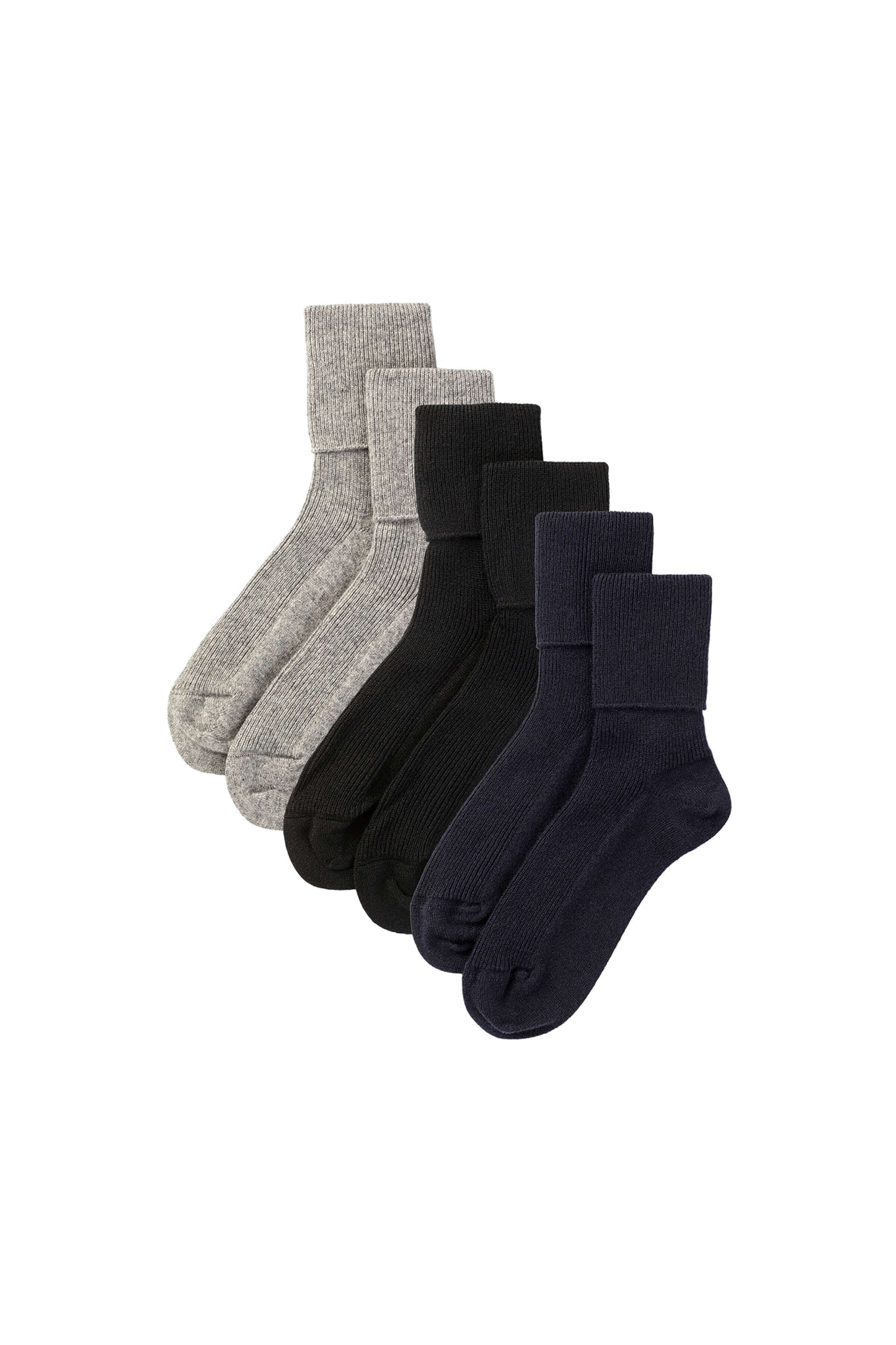 Johnstons of Elgin set of grey, black and navy cashmere socks on a white background 2025GIFTSET1A