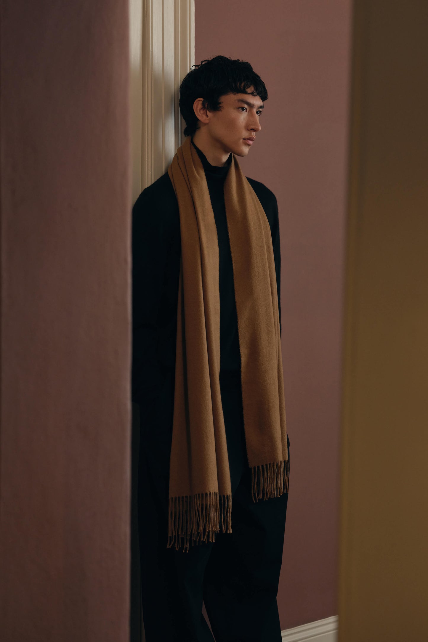 Model wearing Johnstons of Elgin Pure Vicuña Stole WR000024SB3022N/A