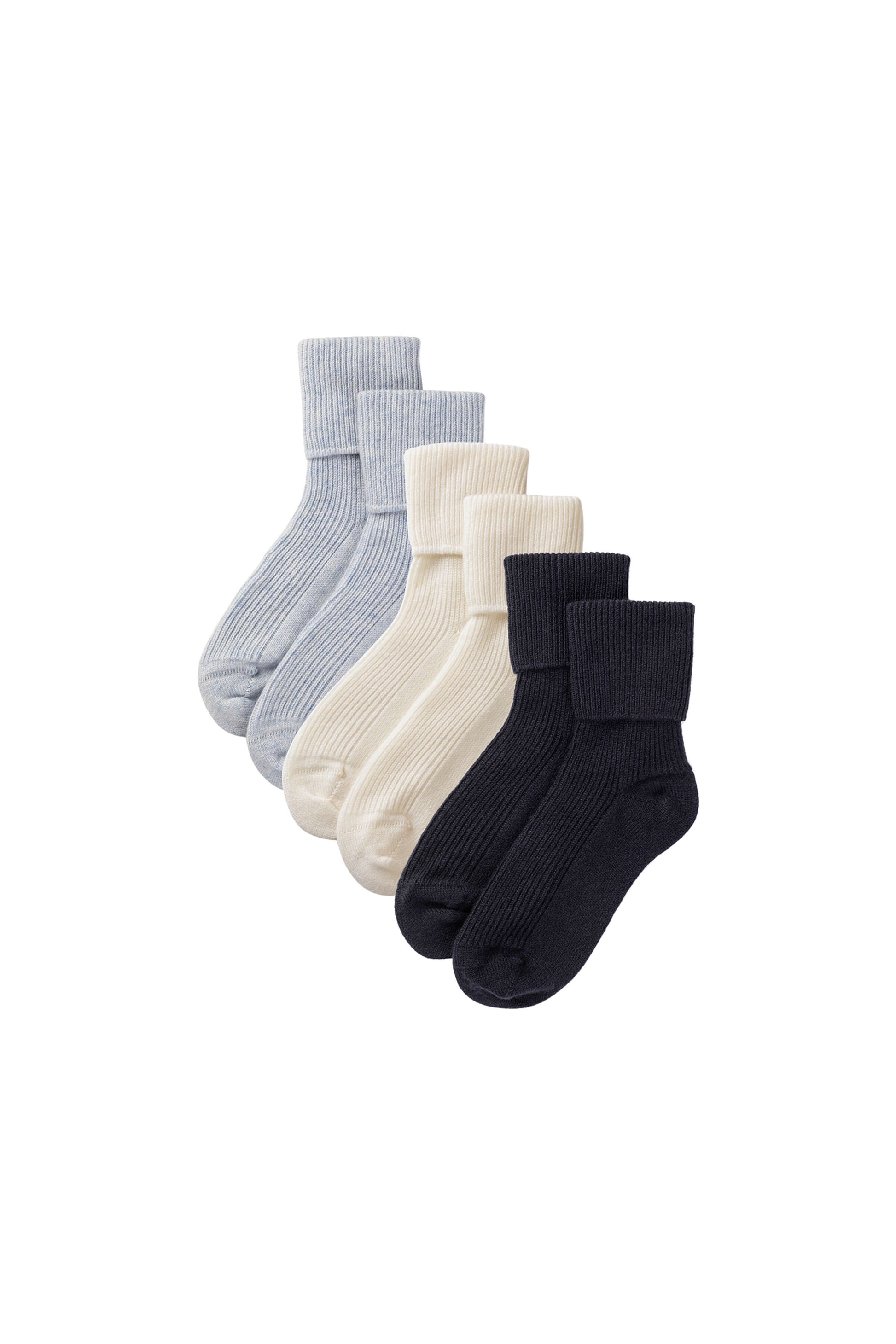 Johnstons of Elgin set of three pairs of cashmere socks in light blue, white, and navy on a white background 2025GIFTSET3B