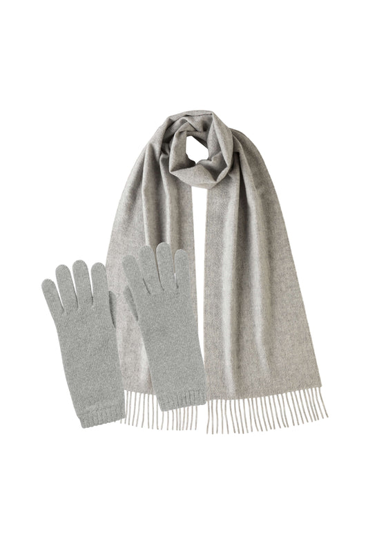 Johnstons of Elgin Gray scarf and gloves set on a white background 365GIFTSET7A