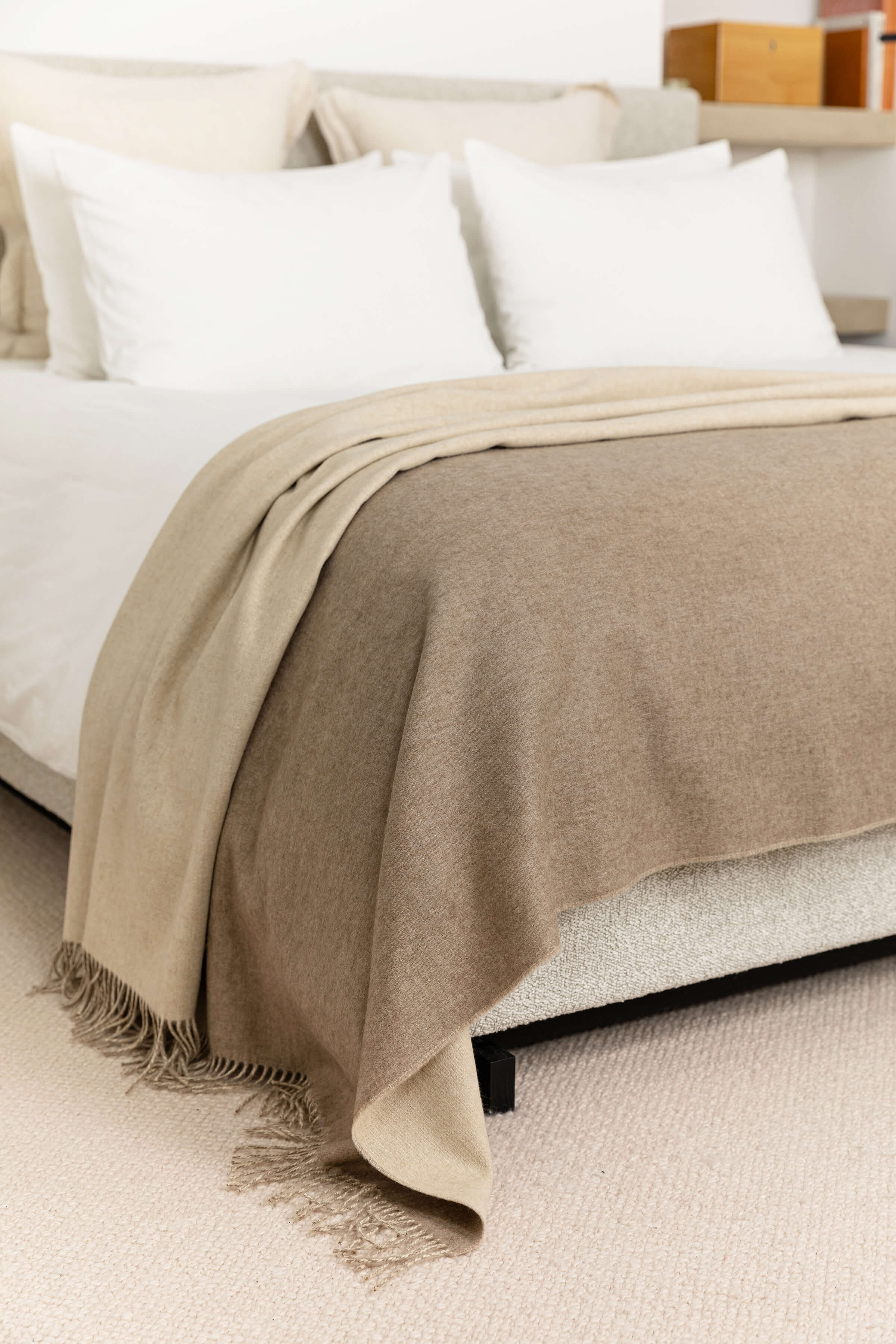 Reversible Light Brown Grey Cashmere Bed Throw Johnstons of Elgin