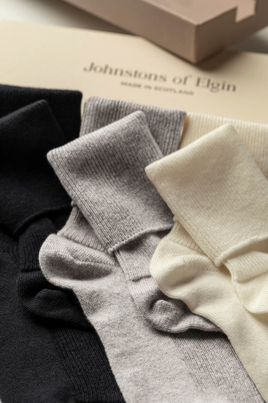 Johnstons of Elgin Gift Set includes 3 pairs of Women's Cashmere Socks in Black, Silver & Ecru 365GIFTSET1A