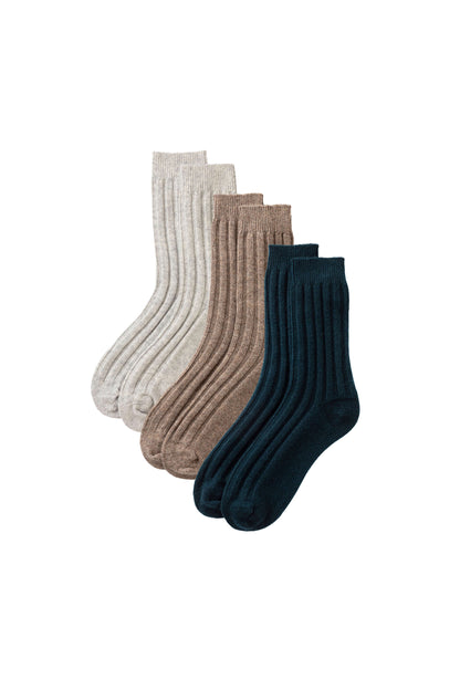Johnstons of Elgin set of three pairs of cashmere socks in grey, beige, and green on a white background 2025GIFTSET4B