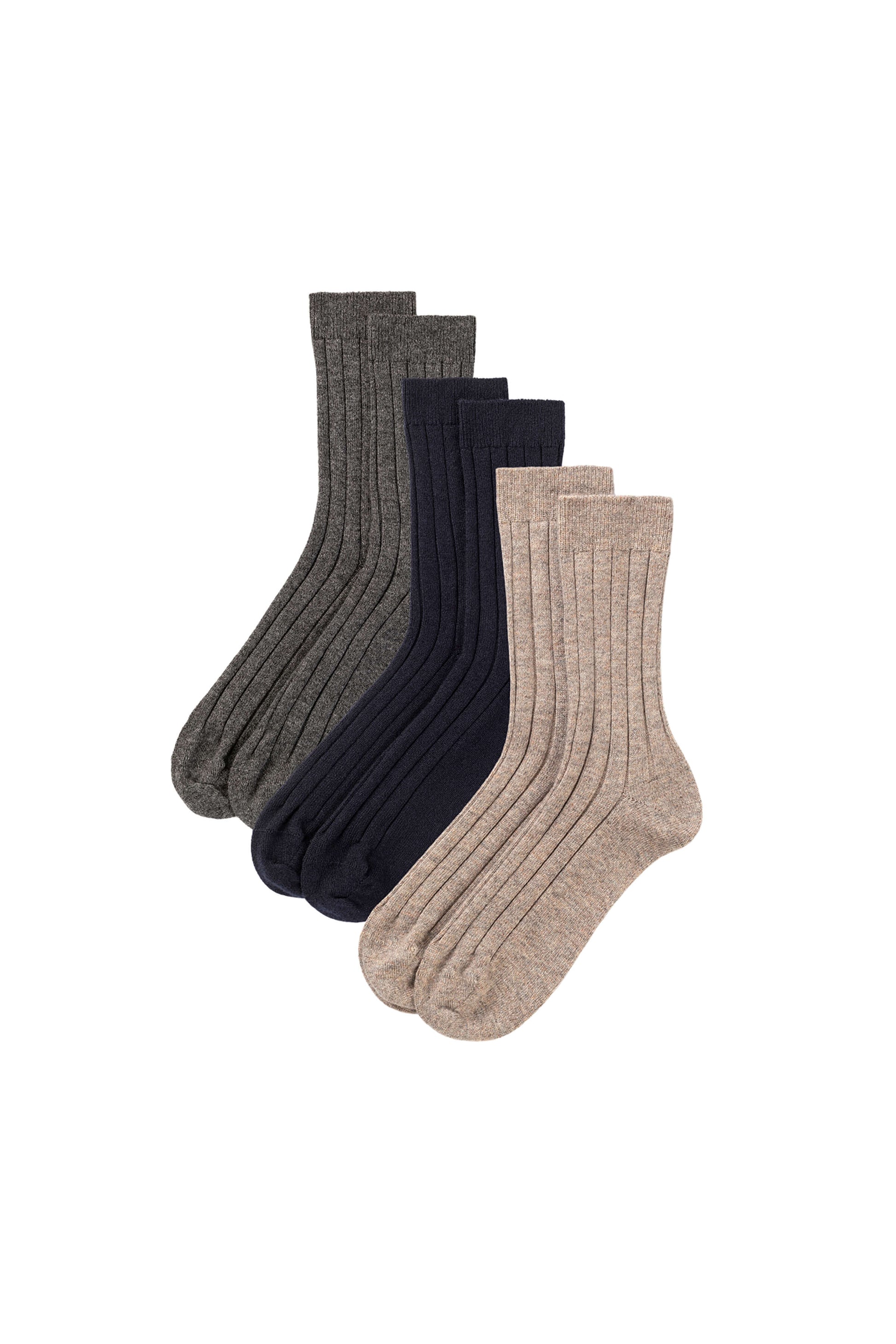 Johnstons of Elgin set of three pairs of cashmere socks in grey, navy, and beige on a white background 2025GIFTSET2