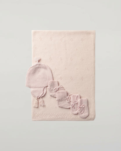 Johnstons of Elgin’s Gift Set includes our Cashmere Pointelle Baby Blanket, Hat, Mittens & Booties in Blush AW21GIFTSET18B
