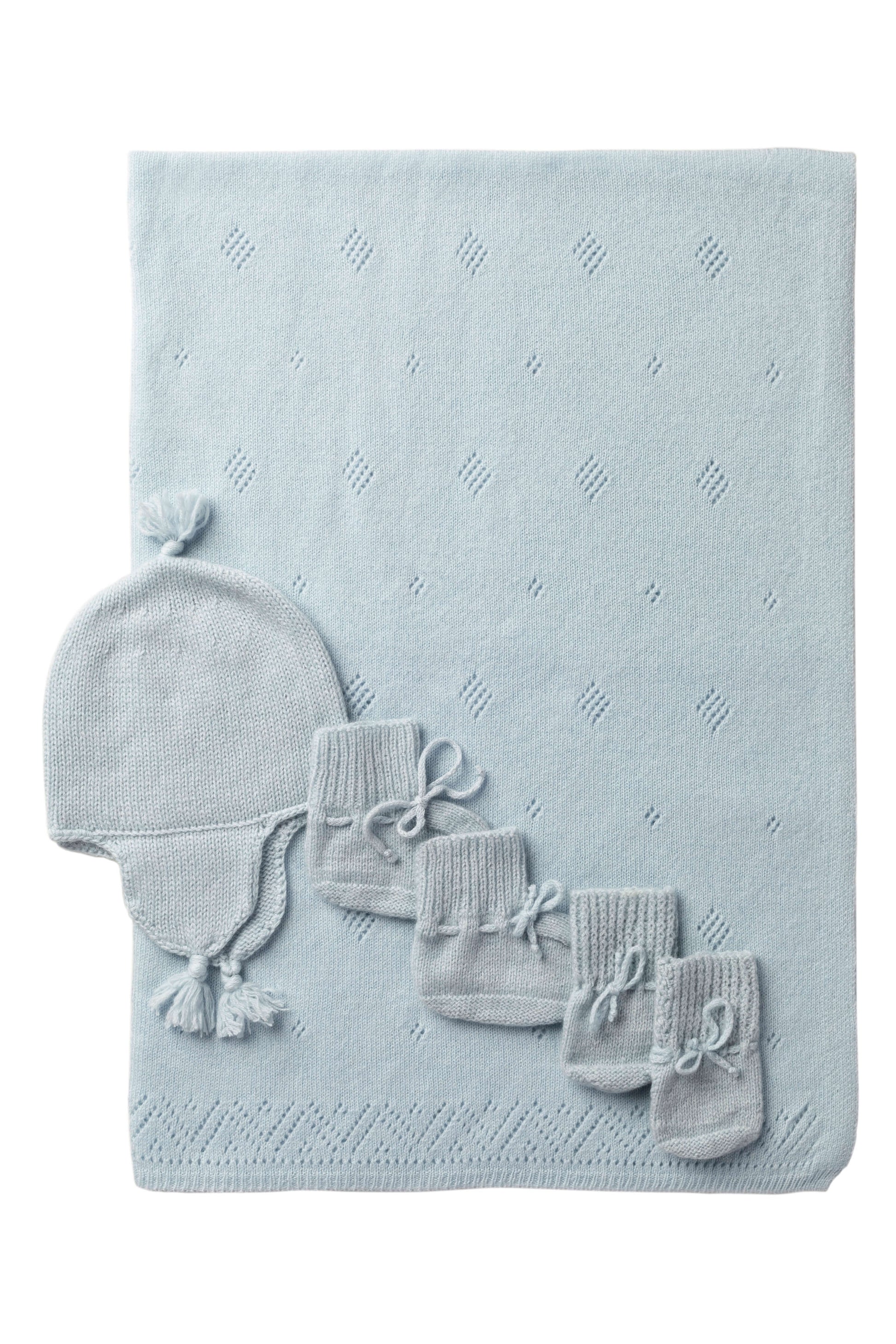 Johnstons of Elgin’s Gift Set includes our Cashmere Pointelle Baby Blanket, Hat, Mittens & Booties in Powder Blue AW21GIFTSET18C