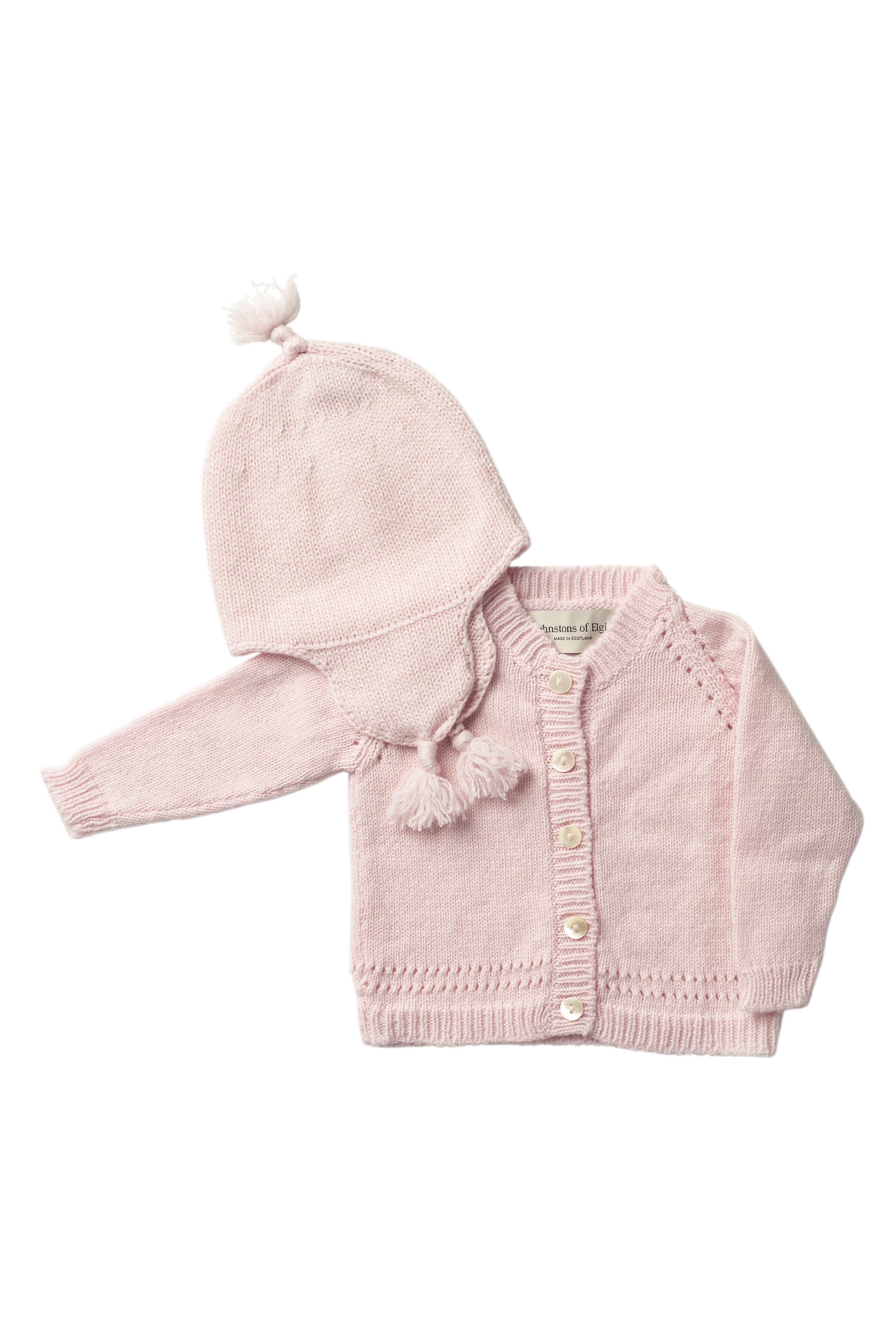 Johnstons of Elgin Baby Handknits Blush Hand Knit Cashmere Baby Cardigan & Cashmere Beanie Giftset AW21GIFTSET19B