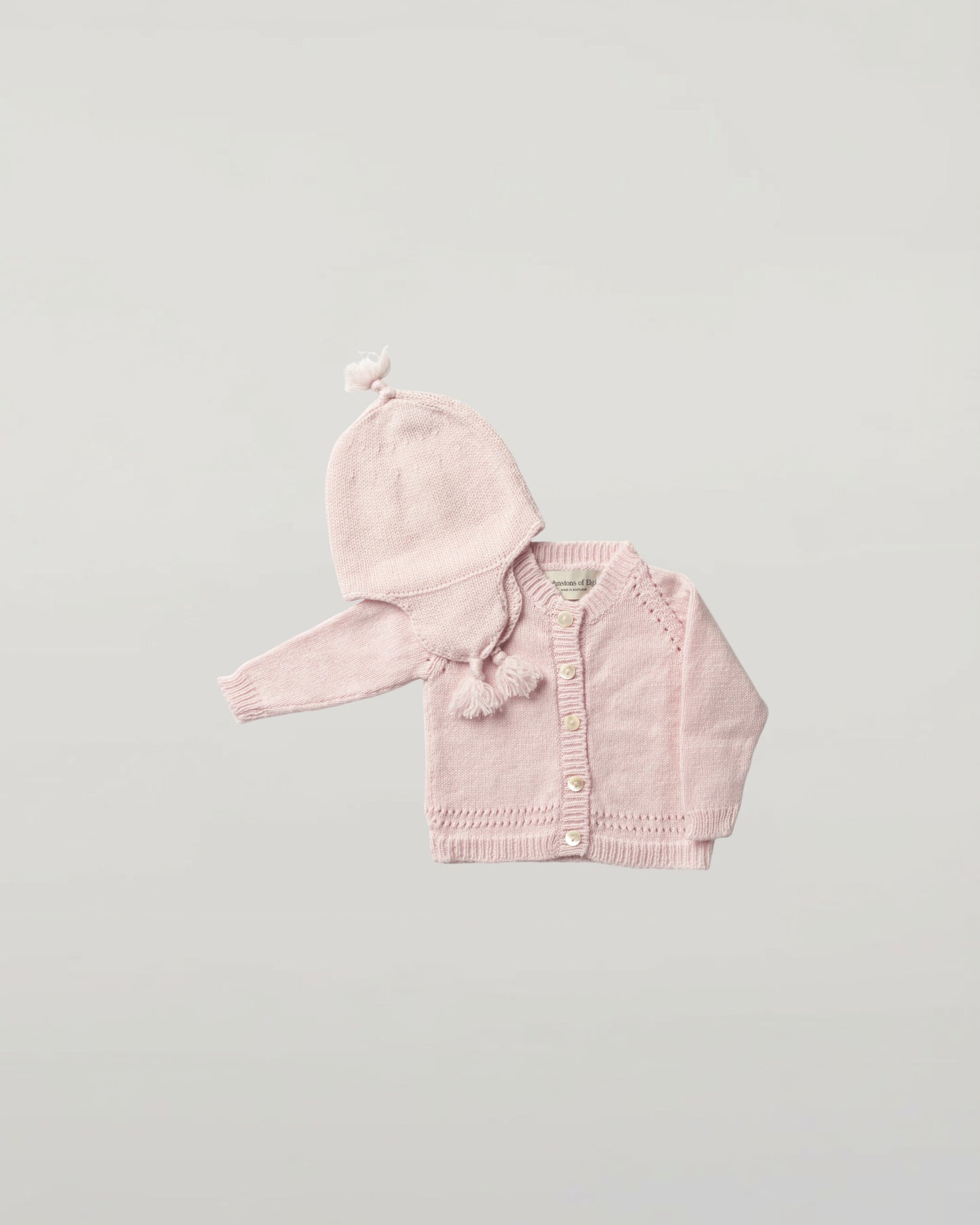Johnstons of Elgin Baby Handknits Blush Hand Knit Cashmere Baby Cardigan & Cashmere Beanie Giftset AW21GIFTSET19B