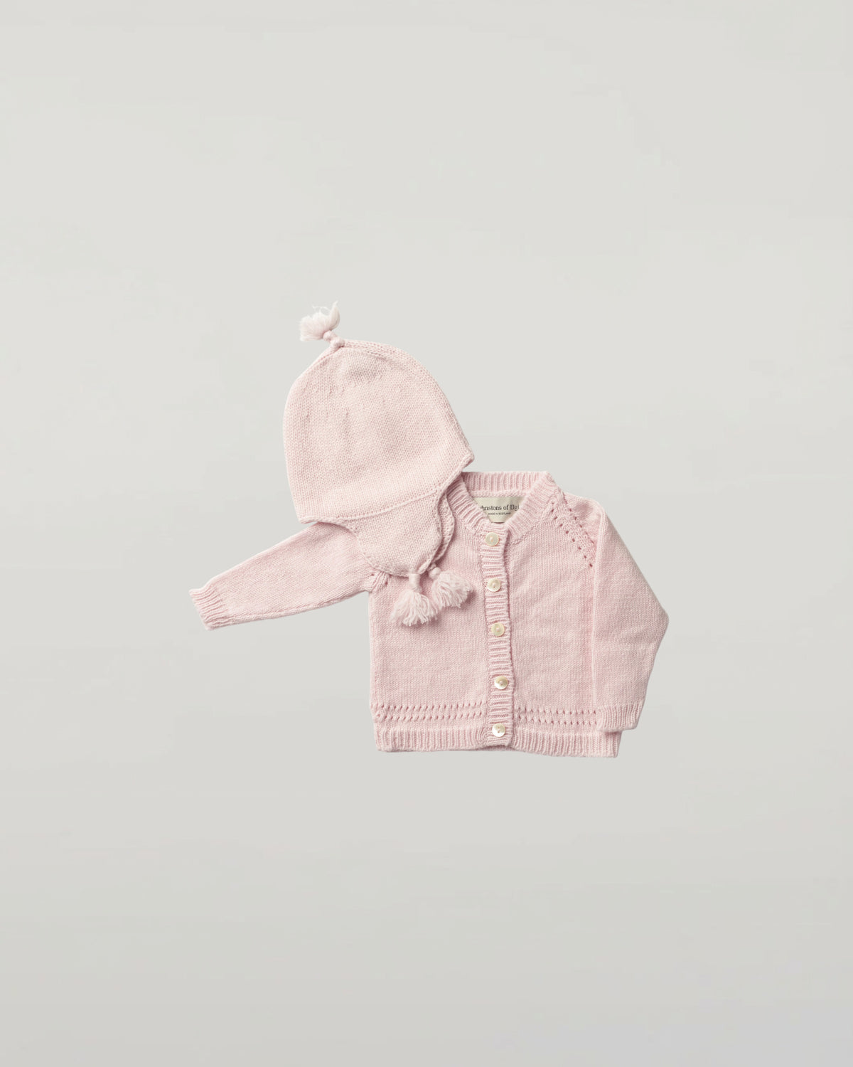 Johnstons of Elgin Baby Handknits Blush Hand Knit Cashmere Baby Cardigan & Cashmere Beanie Giftset AW21GIFTSET19B