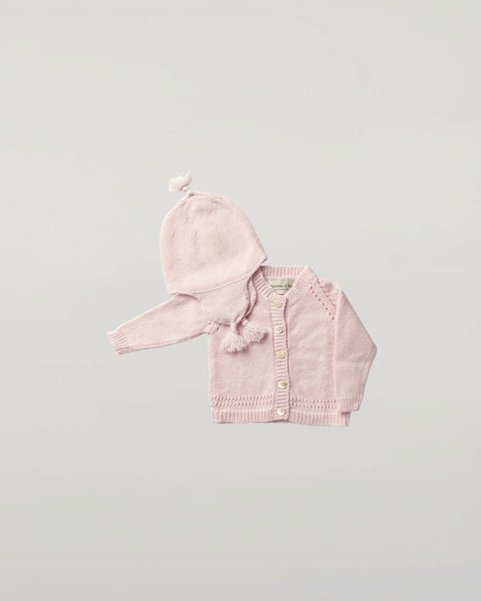 Johnstons of Elgin Baby Handknits Blush Hand Knit Cashmere Baby Cardigan & Cashmere Beanie Giftset AW21GIFTSET19B