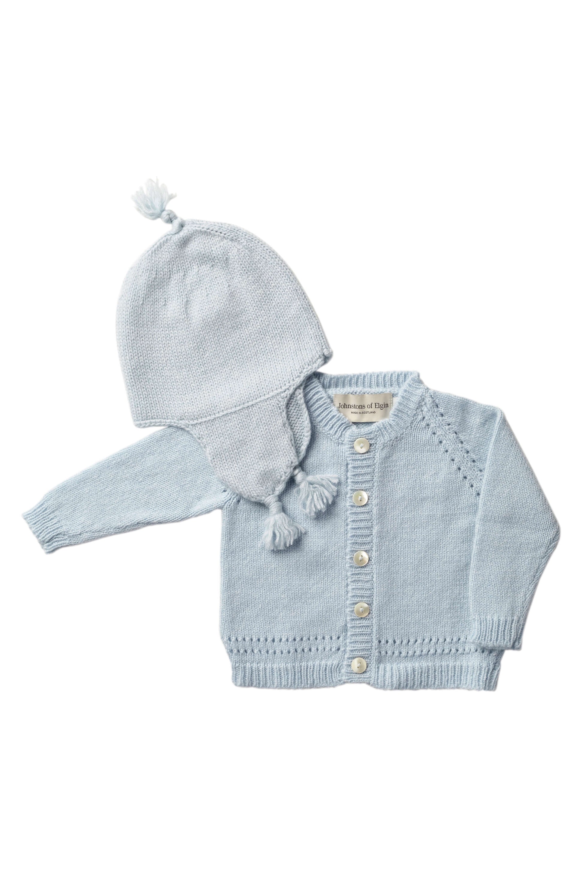 Johnstons of Elgin Baby Handknits Powder Blue Hand Knit Cashmere Baby Cardigan & Cashmere Beanie Giftset AW21GIFTSET19C