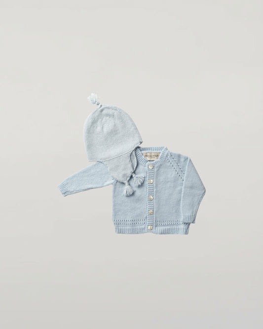 Johnstons of Elgin Baby Handknits Powder Blue Hand Knit Cashmere Baby Cardigan & Cashmere Beanie Giftset AW21GIFTSET19C