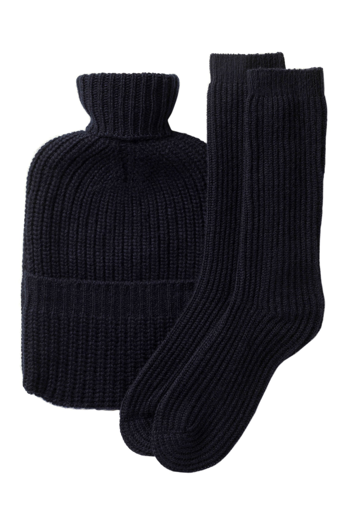 Johnstons of Elgin AW24 Knitted Accessory Dark Navy Cashmere Hot Water Bottle Gift Set AW24GIFTSET4A