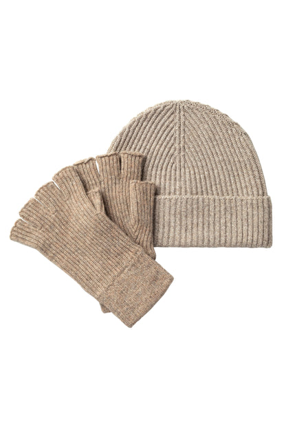 Johnstons of Elgin Ribbed Cashmere Beanie & Fingerless Gloves in Ash AW24GIFTSET6A