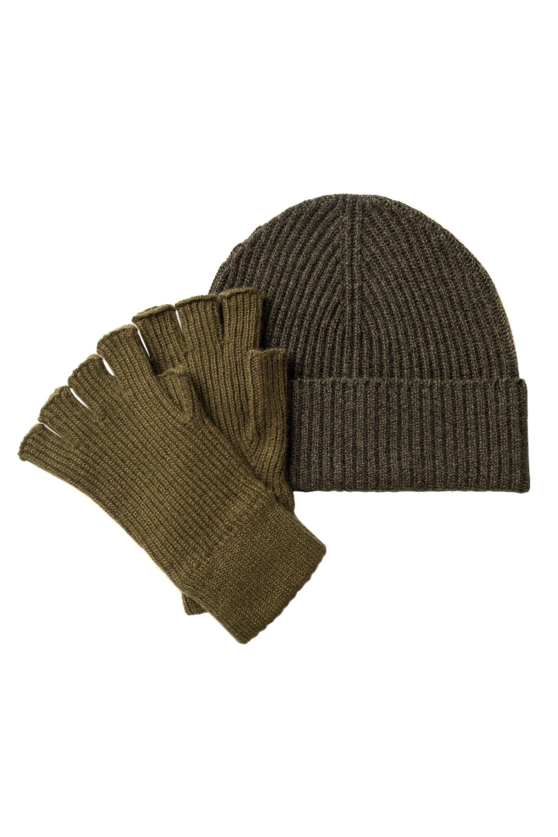 Johnstons of Elgin Ribbed Cashmere Beanie & Fingerless Gloves in Olive AW24GIFTSET6B