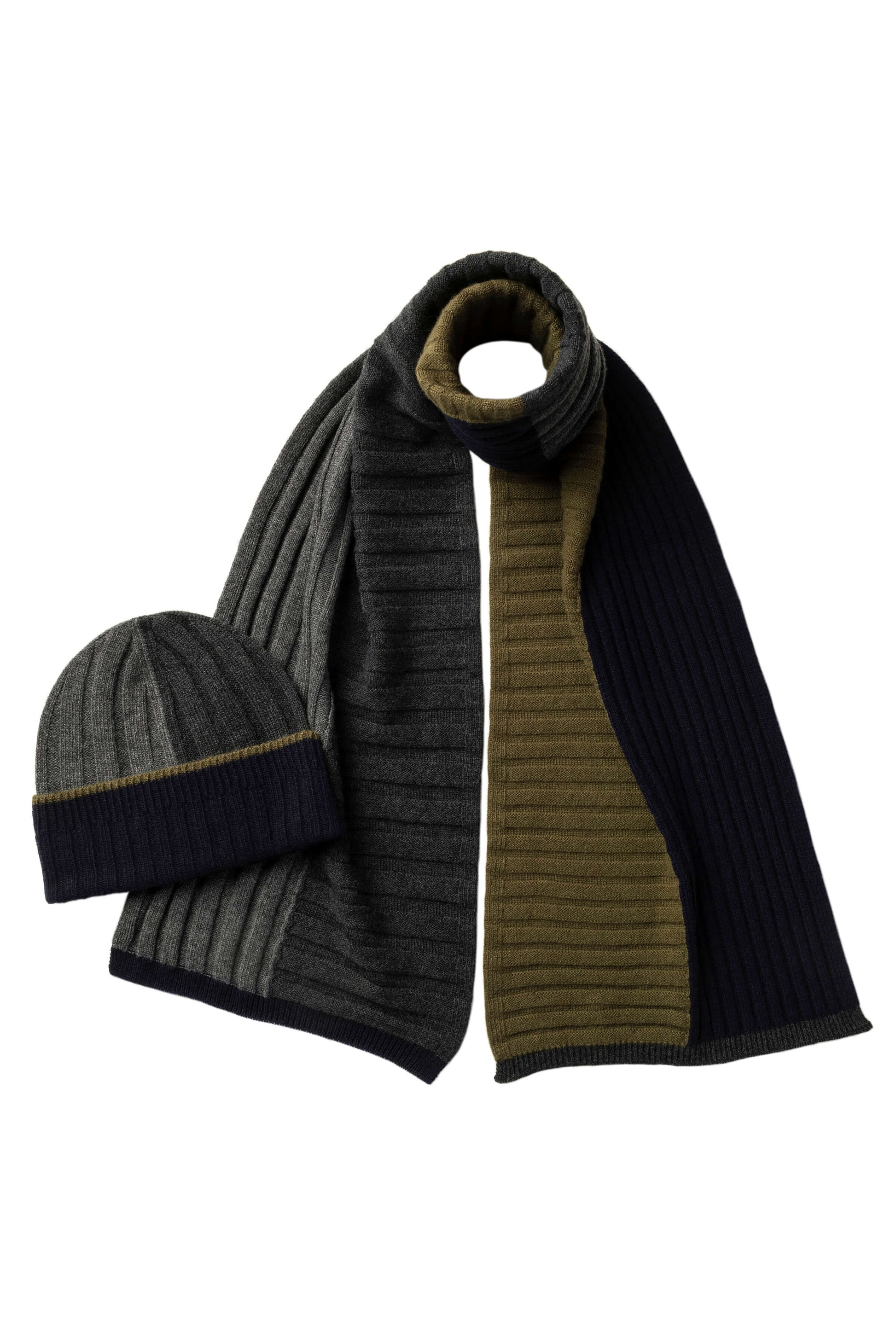 Johnstons of Elgin AW24 Knitted Accessory Dark Navy & Charcoal & Mid Grey & Olive Colour Block Cashmere Gift Set AW24GIFTSET7A