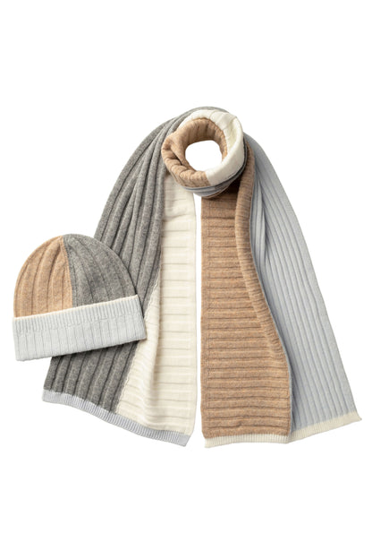 Johnstons of Elgin AW24 Knitted Accessory Ice Blue & Luna & Light Grey & Oatmeal Colour Block Cashmere Gift Set AW24GIFTSET7B