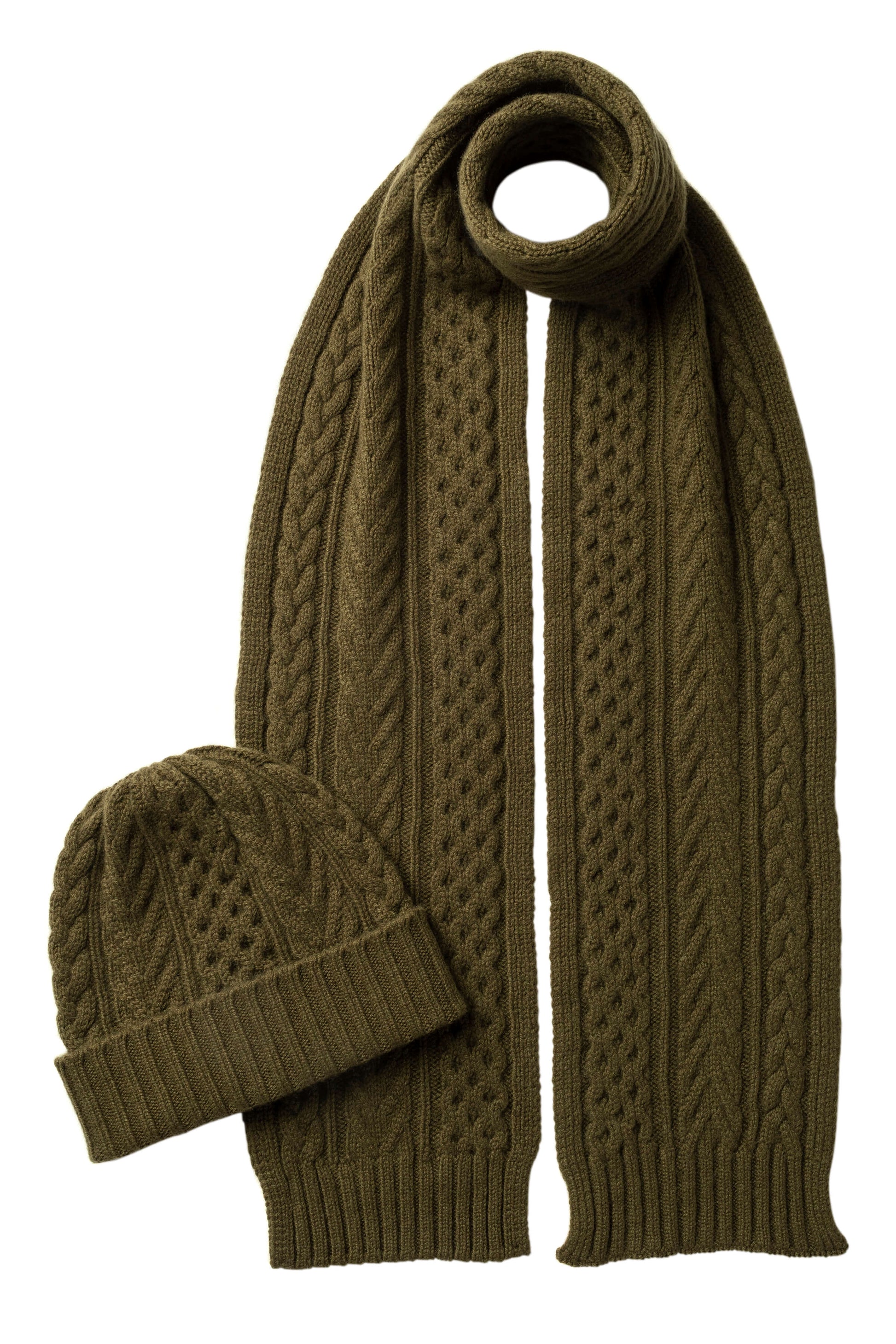 Johnstons of Elgin AW24 Knitted Accessory Olive Aran Cable Cashmere Gift Set AW24GIFTSET8B