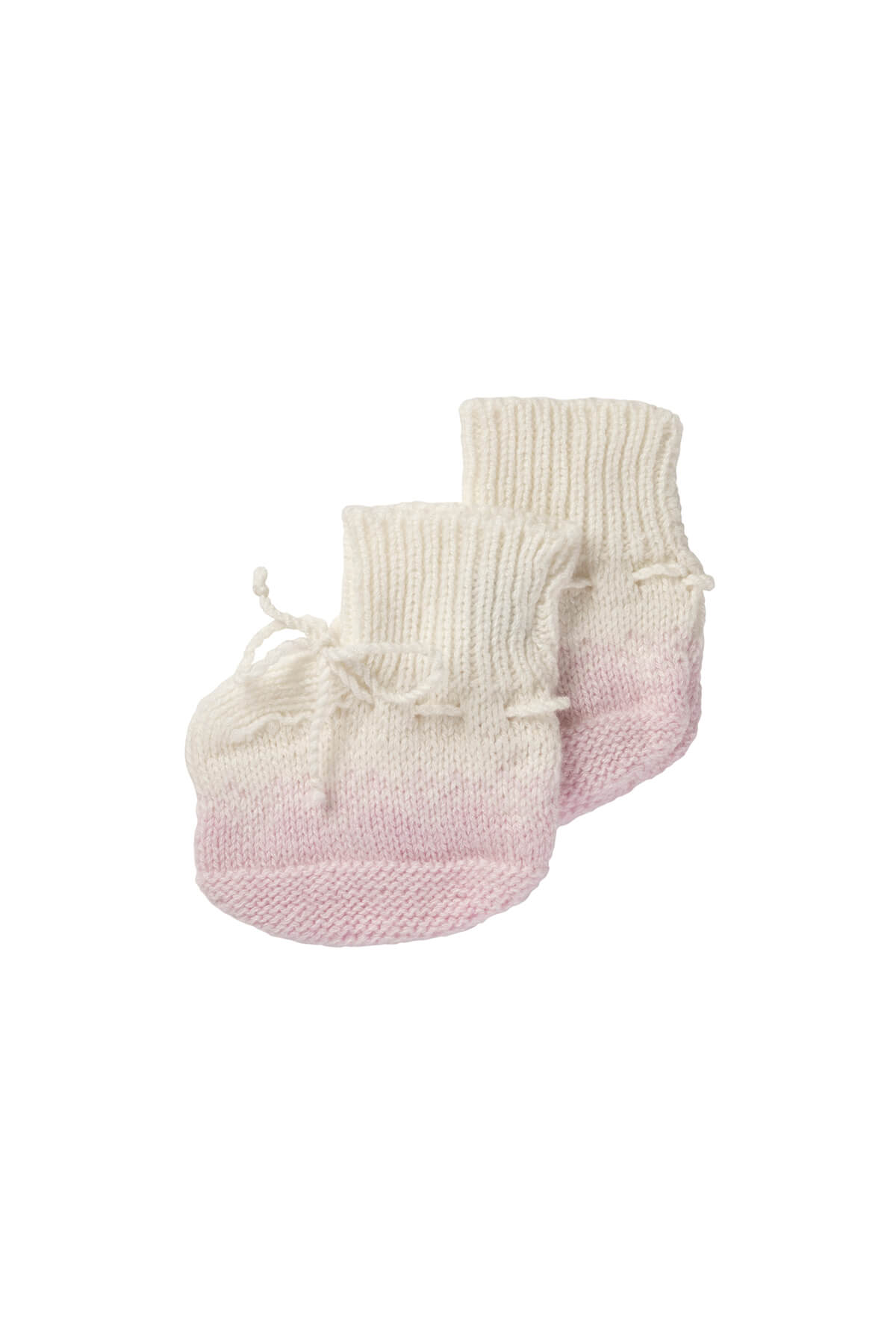 Johnstons of Elgin Hand Knitted Ombre Cashmere Baby Booties in Blush on a white background JA000128SE0208