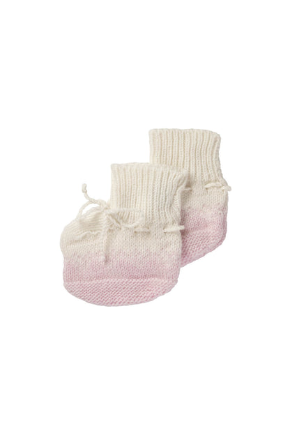 Johnstons of Elgin Hand Knitted Ombre Cashmere Baby Booties in Blush on a white background JA000128SE0208