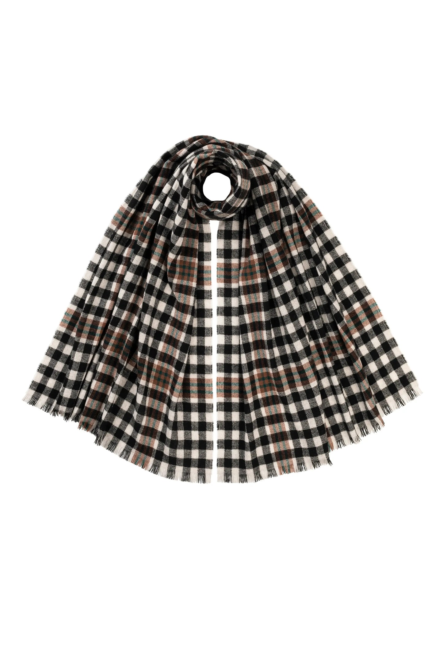 Johnstons of Elgin Limited Edition Burns Tartan Lightweight Cashmere Scarf in Black, Brown and White check on a white background WA001174RU7558ONE