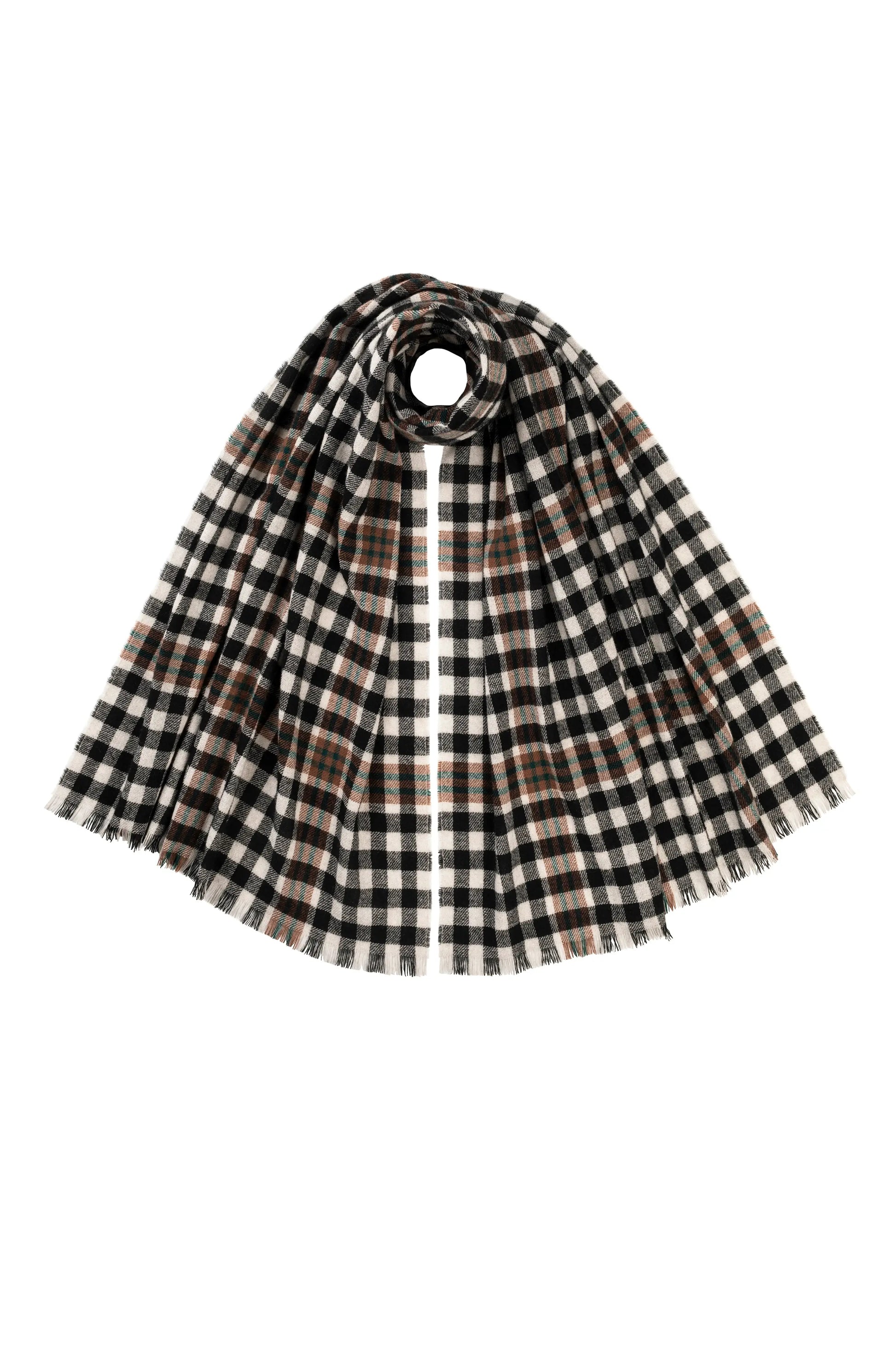 Johnstons of Elgin Limited Edition Burns Tartan Lightweight Cashmere Scarf in Black, Brown and White check on a white background WA001174RU7558ONE