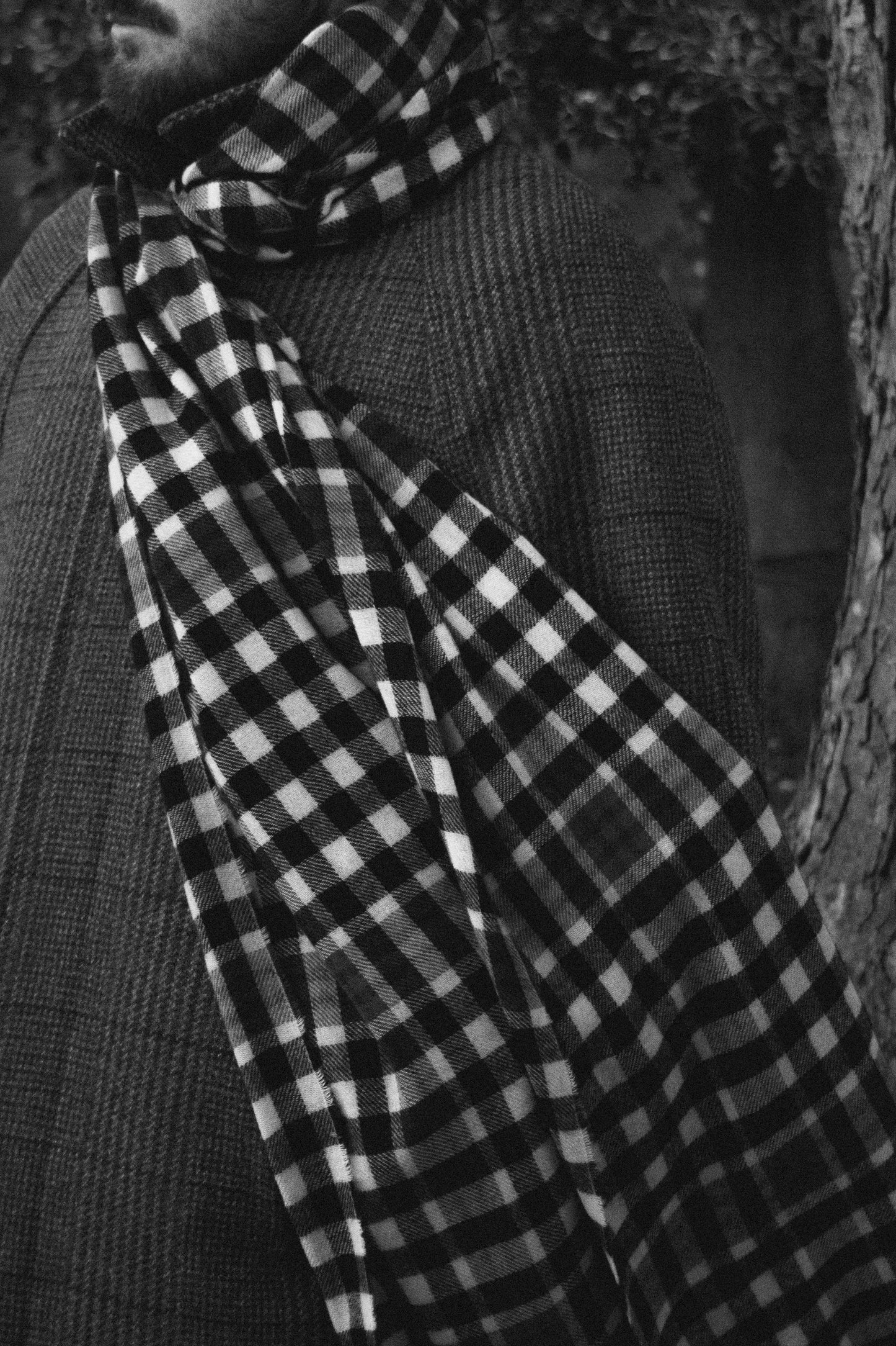  Black k& White image of a model wearing Johnstons of Elgin Limited Edition Burns Tartan Lightweight Cashmere Scarf WA001174RU7558ONE