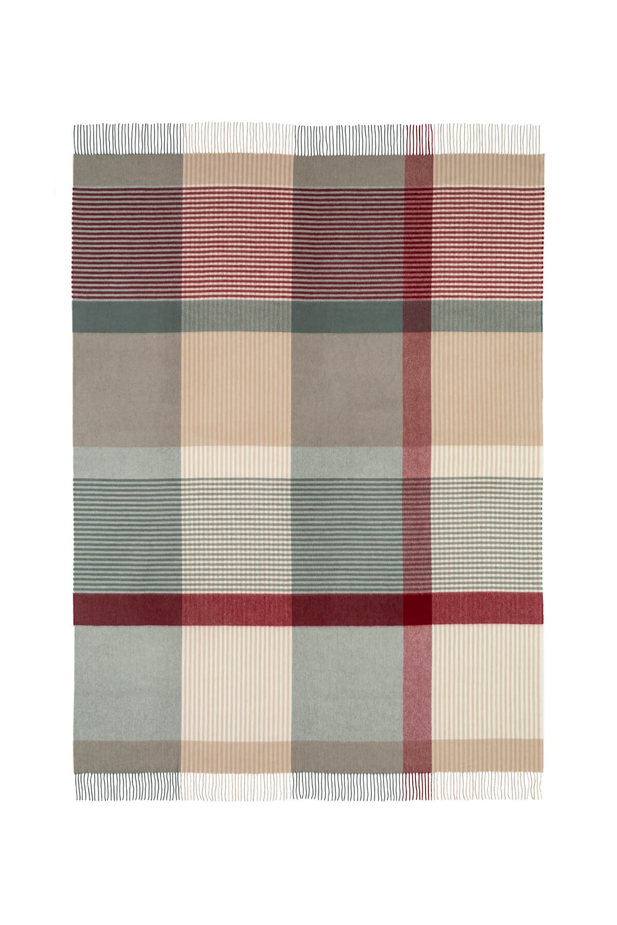 Johnstons of Elgin Red, Cream, and Grey Check Cashmere Christmas Blanket lying flat on a white background WA000055RU7450