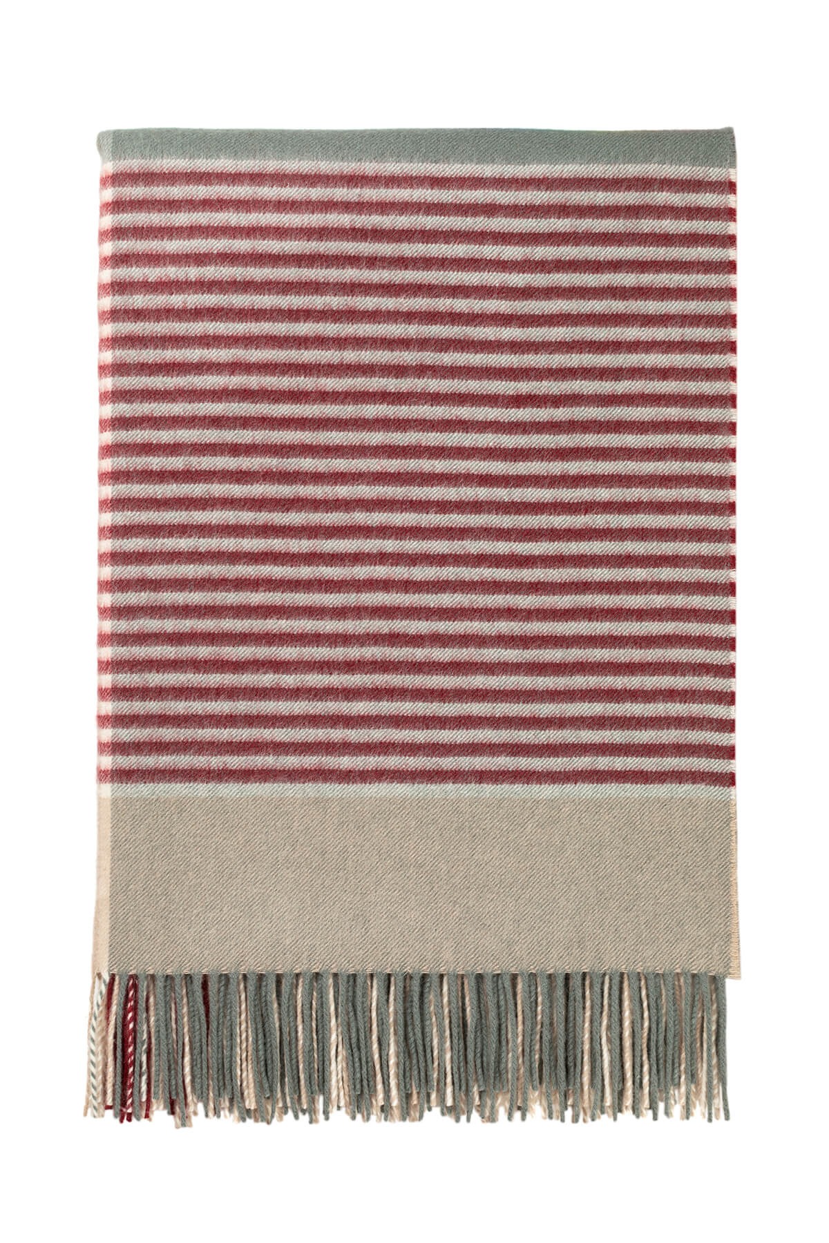 Close up of Johnstons of Elgin Red, Cream, and Grey Check Cashmere Christmas Blanket Fringing WA000055RU7450