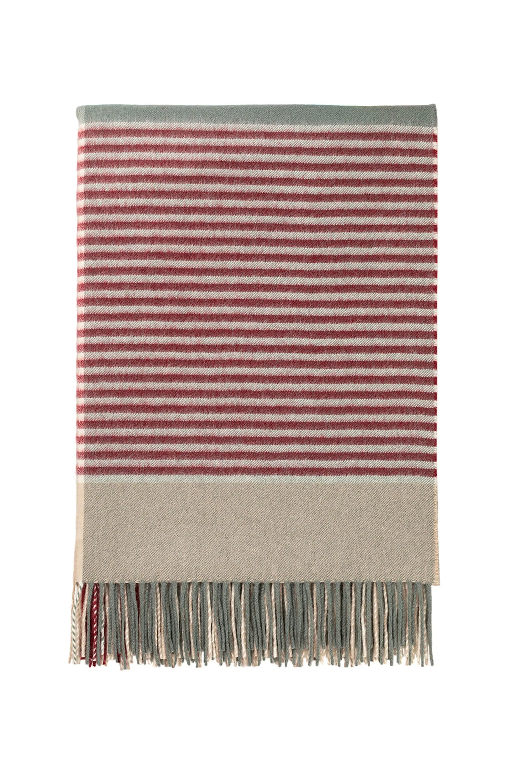 Close up of Johnstons of Elgin Red, Cream, and Grey Check Cashmere Christmas Blanket Fringing WA000055RU7450ONE