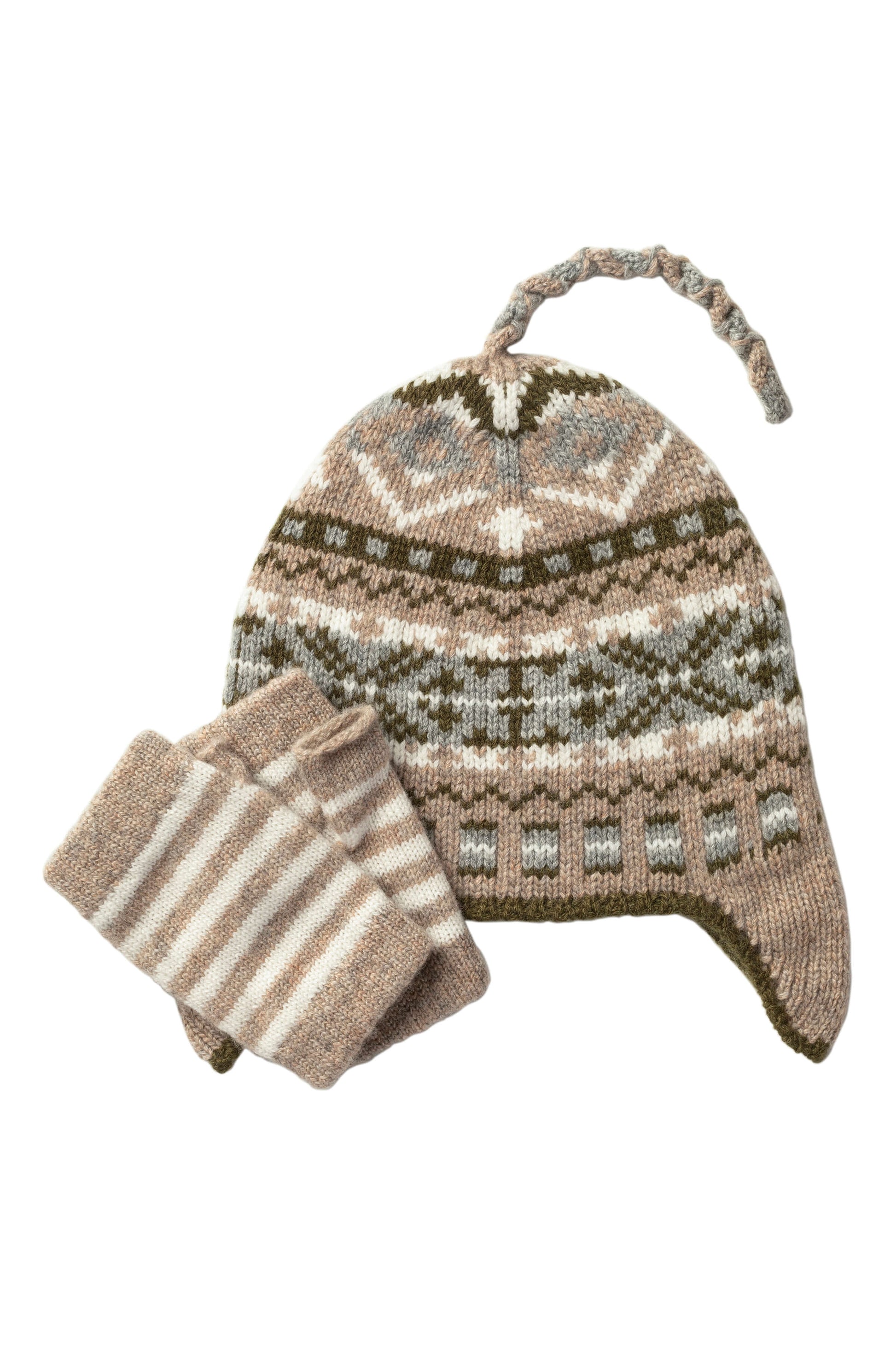 Johnstons of Elgin's Children's Fairisle Hat & Stripy Wristwarmers Gift Set in Ash CHILDGIFTSET2A