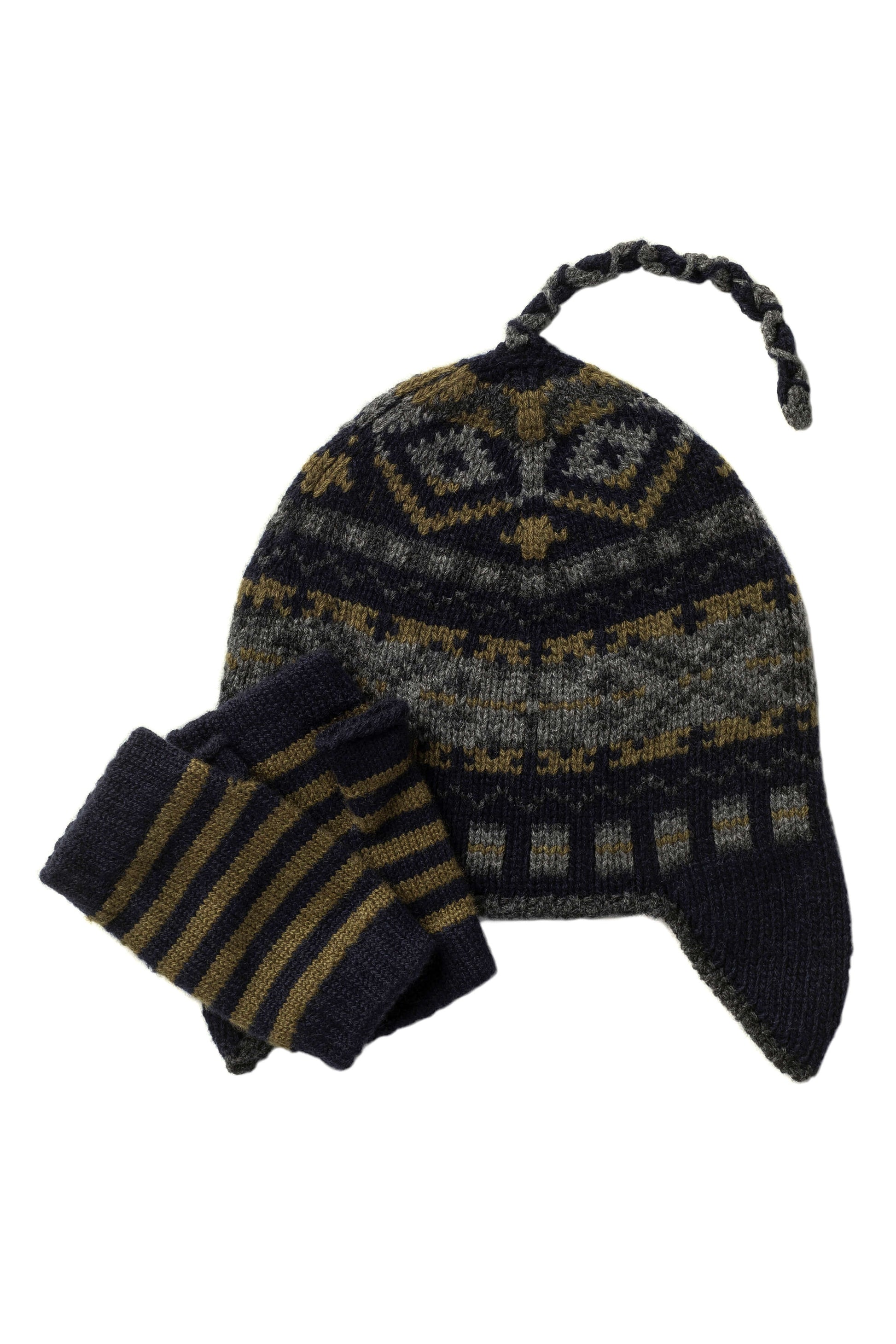 Johnstons of Elgin's Children's Fairisle Hat & Stripy Wristwarmers Gift Set in Dark Navy 