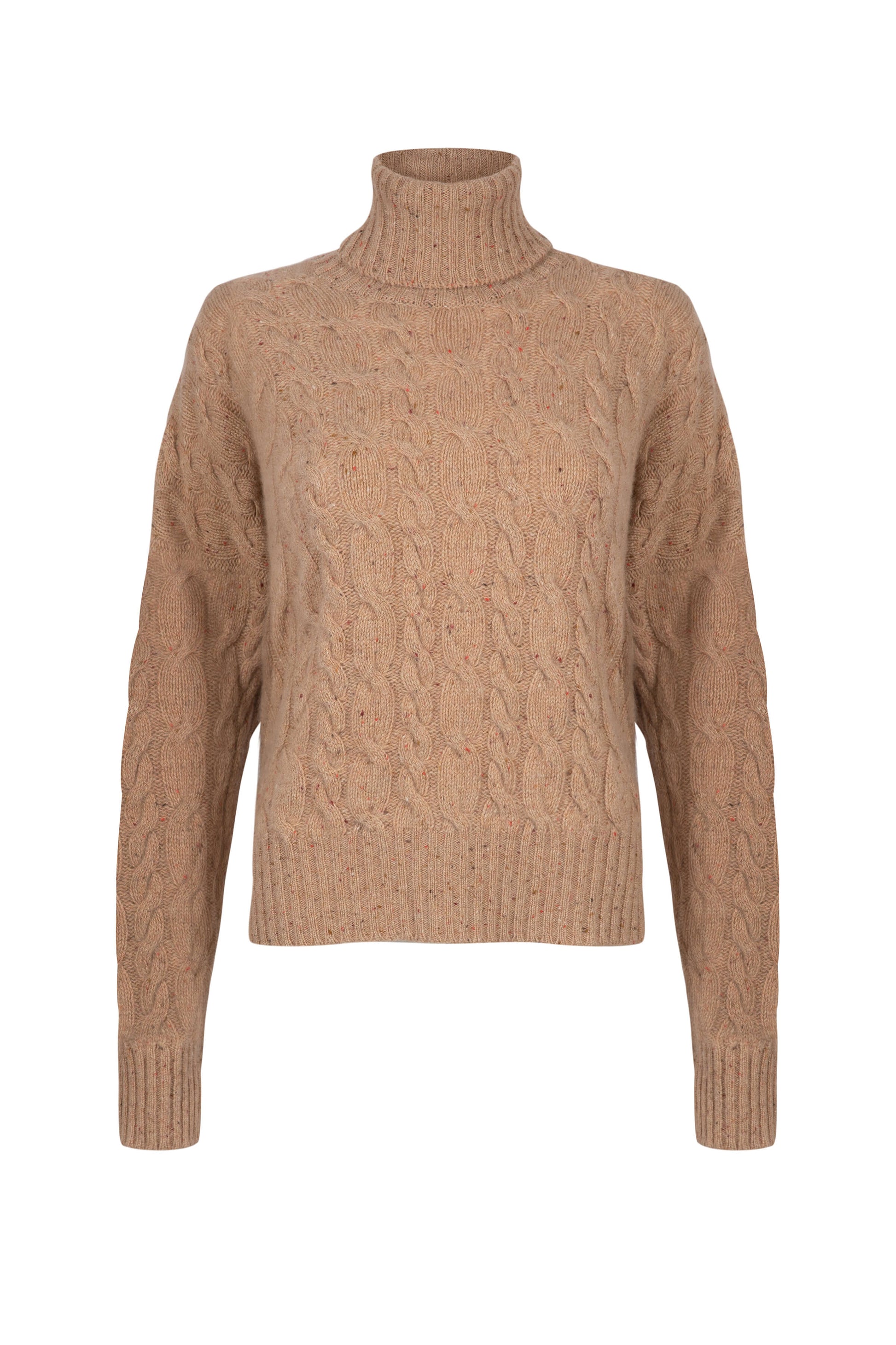 Johnstons of Elgin Women's Donegal Cashmere Cable Roll Neck Jumper in Camel Donegal on a white background KAC05091004507