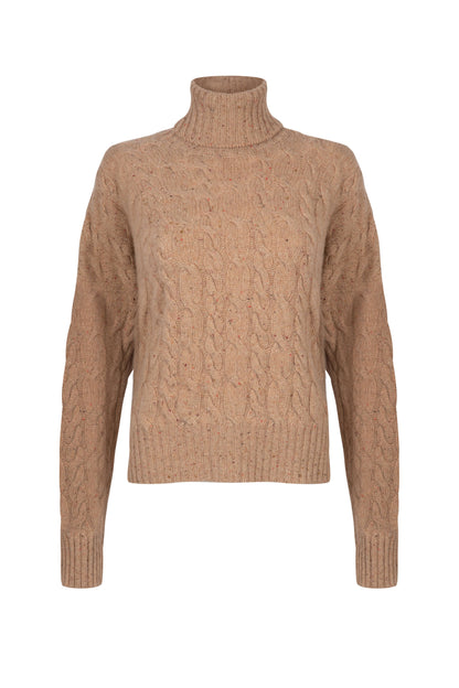 Johnstons of Elgin Women's Donegal Cashmere Cable Roll Neck Jumper in Camel Donegal on a white background KAC05091004507