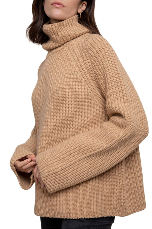 Johnstons of Elgin Women’s Oversized Rib Roll Neck Cashmere Jumper in Camel on a grey background KAC03917SB4282