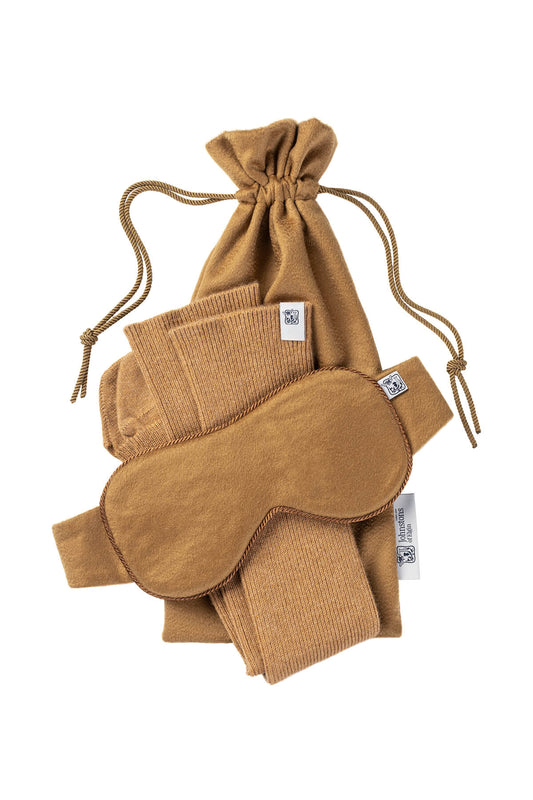 Johnstons of Elgin  Luxury Cashmere Travel Set in Camel on a white background PA0000947310ONE