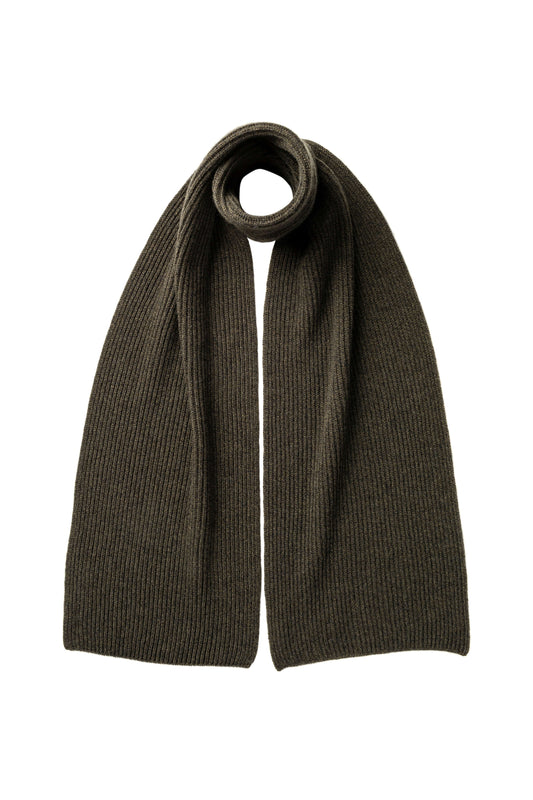 Johnstons of Elgin AW24 Knitted Accessory Olive Marl Ribbed Cashmere Scarf HAA01684HC7137ONE