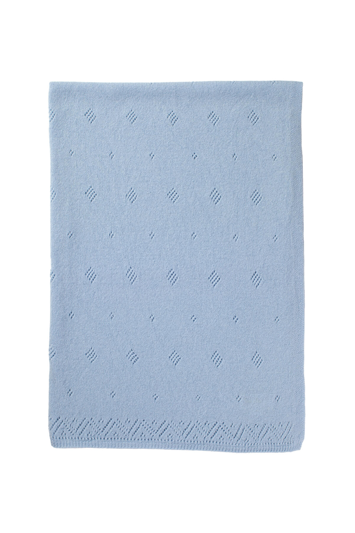 Johnstons of Elgin Gauzy Knit Cashmere Baby Blanket with Pointelle Details in Powder Blue on white background HAA01904SD0167ONE
