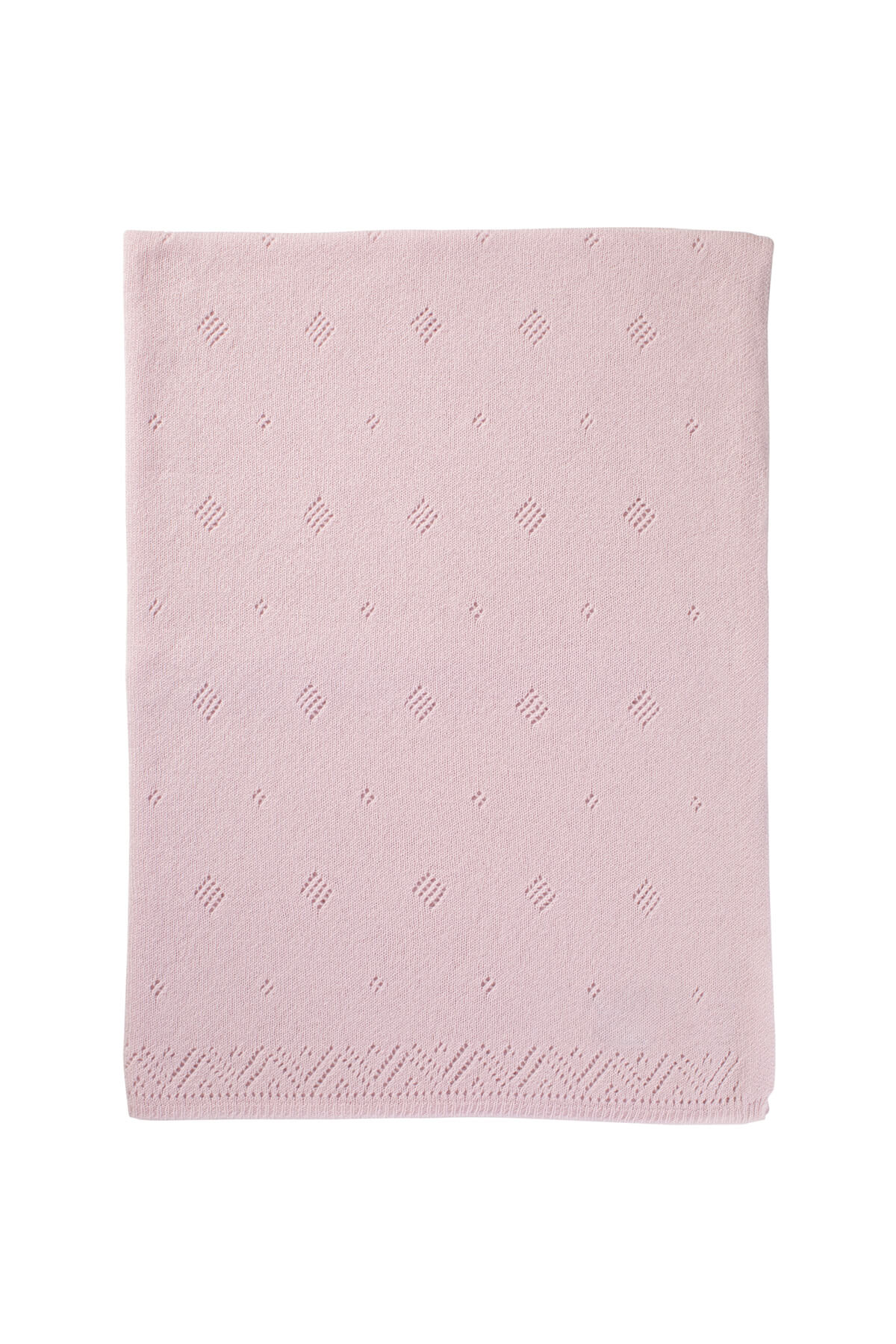 Johnstons of Elgin Gauzy Knit Cashmere Baby Blanket with Pointelle Details in Blush on white background HAA01904SE0208ONE