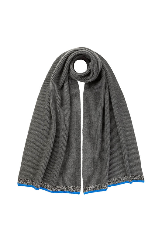 Johnstons of Elgin’s Mid Grey Ribbed Cashmere Tipping Scarf on a white background HAA03306Q23682