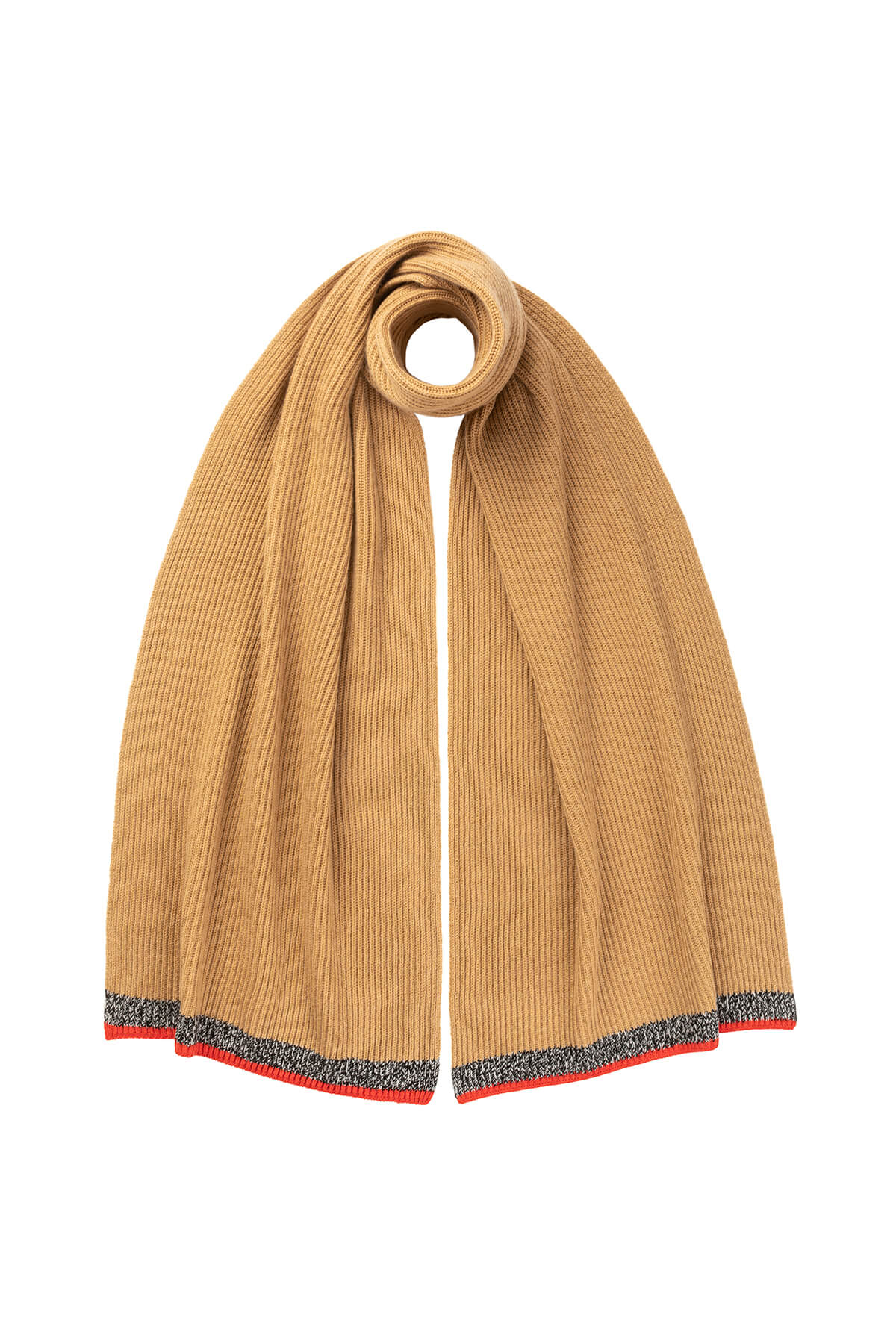 Johnstons of Elgin’s Camel Ribbed Cashmere Tipping Scarf on a white background HAA03306Q23683
