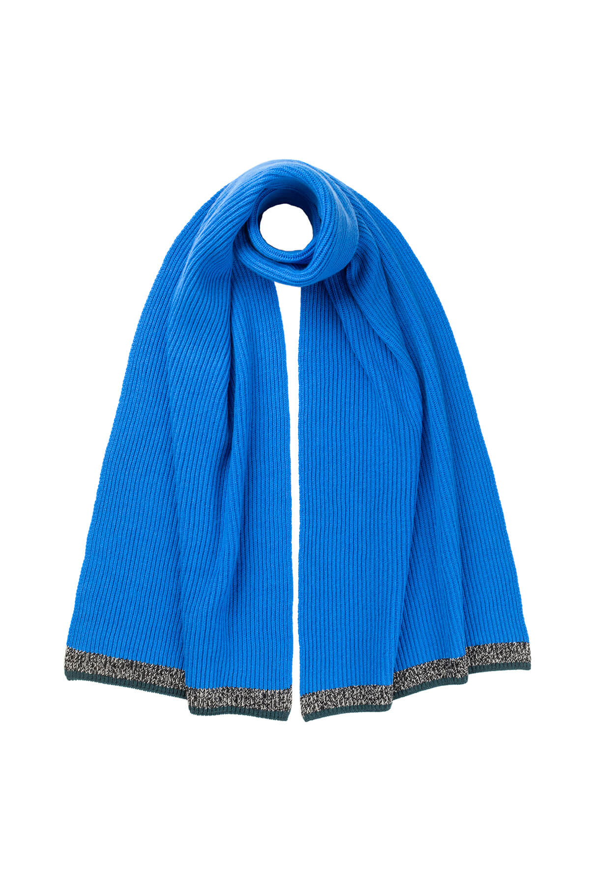 Johnstons of Elgin’s Orkney Blue Ribbed Cashmere Tipping Scarf on a white background HAA03306Q23684