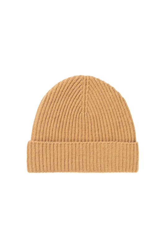 Johnstons of Elgin’s Camel Cashmere Ribbed Hat on white background HAA03320HB4315