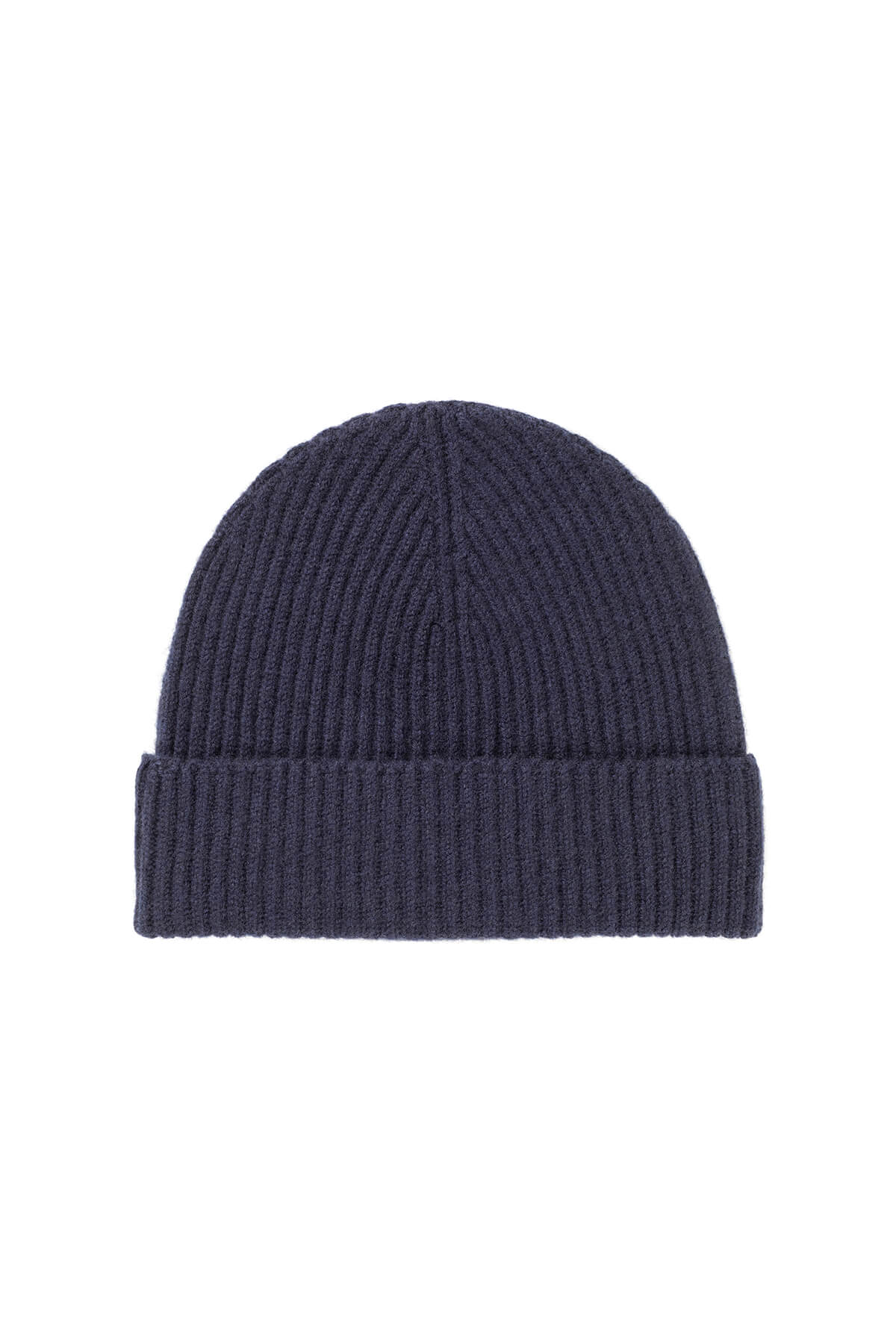 Johnstons of Elgin’s Navy Cashmere Ribbed Hat on white background HAA03320SD0707