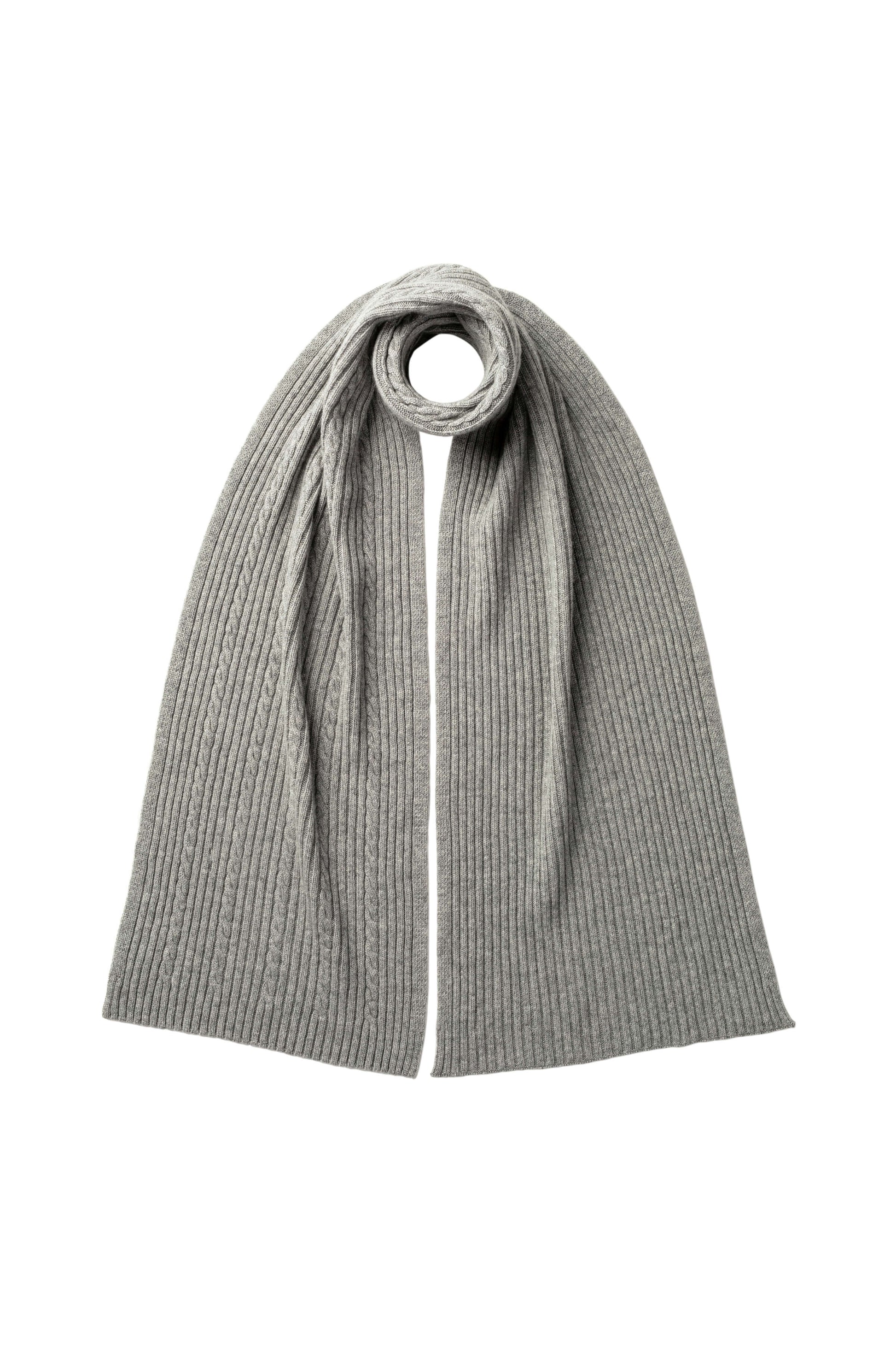 Johnstons of Elgin AW24 Knitted Accessory Light Grey Cable & Rib Cashmere Scarf HAA03402HA0308ONE