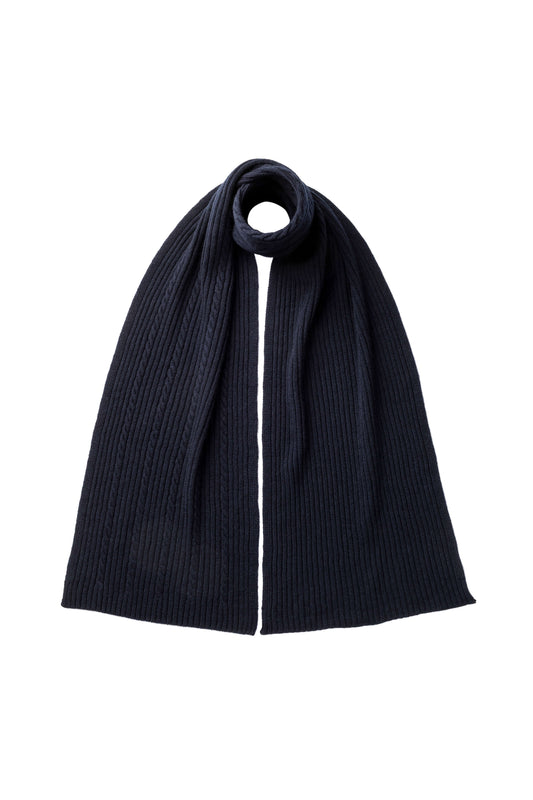 Johnstons of Elgin AW24 Knitted Accessory Dark Navy Cable & Rib Cashmere Scarf HAA03402SD7286ONE